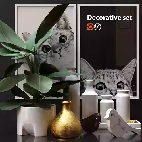 Decorative set with cat and plant