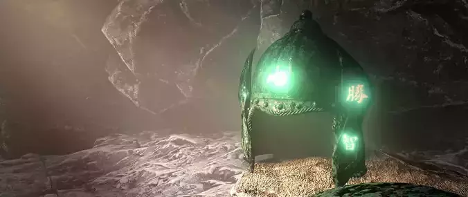 Medieval Chinese Warrior set -Helmet-Shield- Spear in cave scene