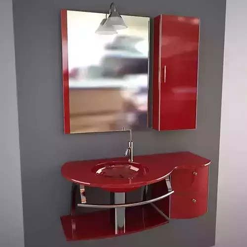 Glass wash-basin with cabinets mirror and lamp - red