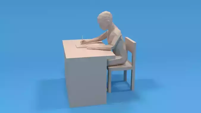 Low Poly Kid Sitting and Writing Low-poly 3D model