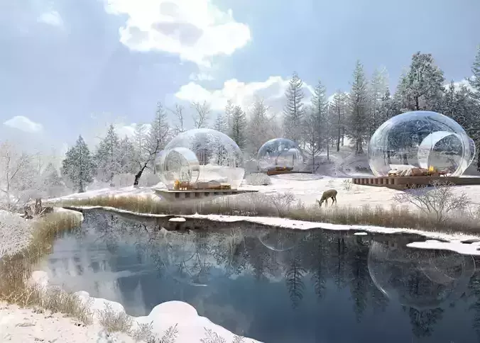 WINTER two glass domes in snow near river
