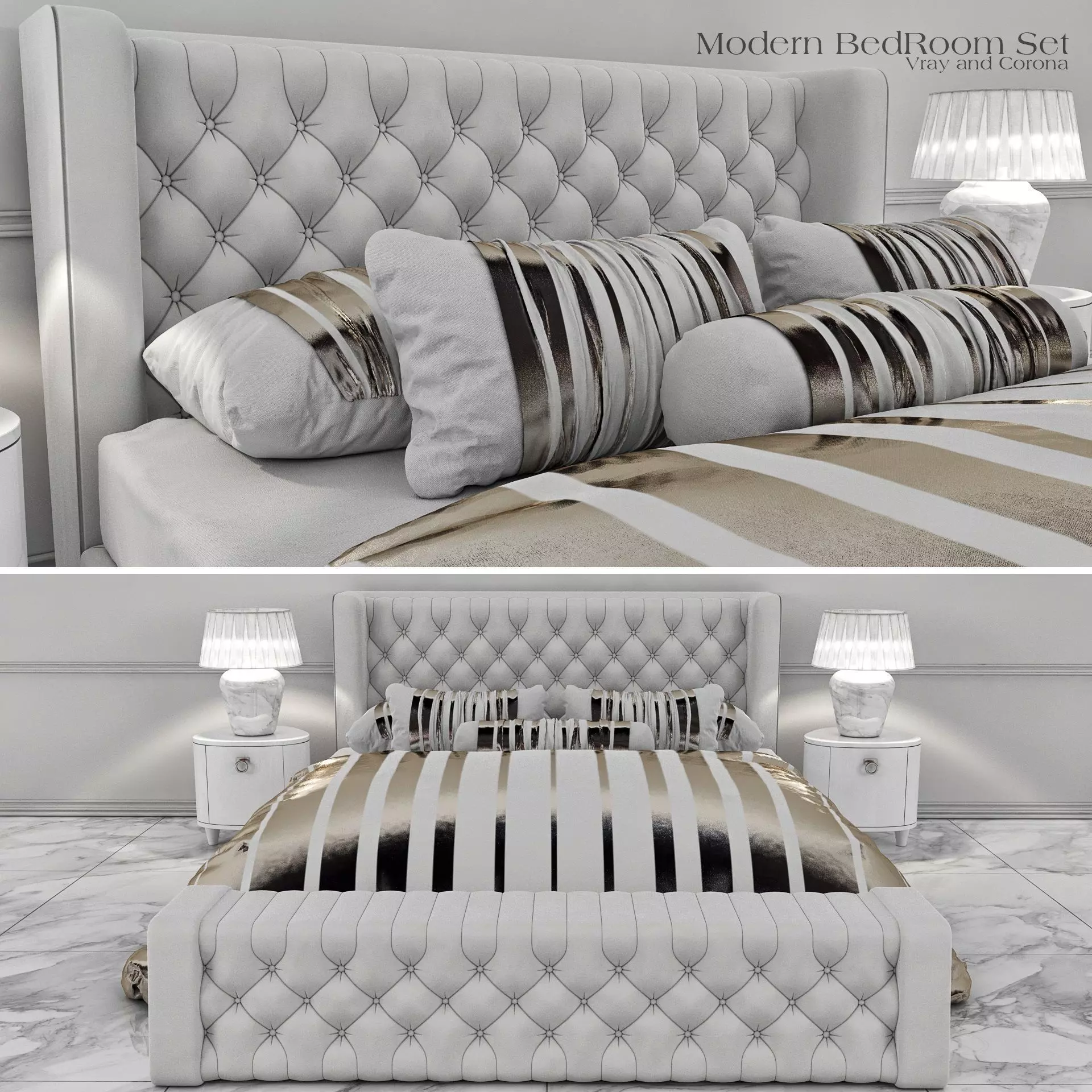 BedRoom Set with bed and marble floor 3D model