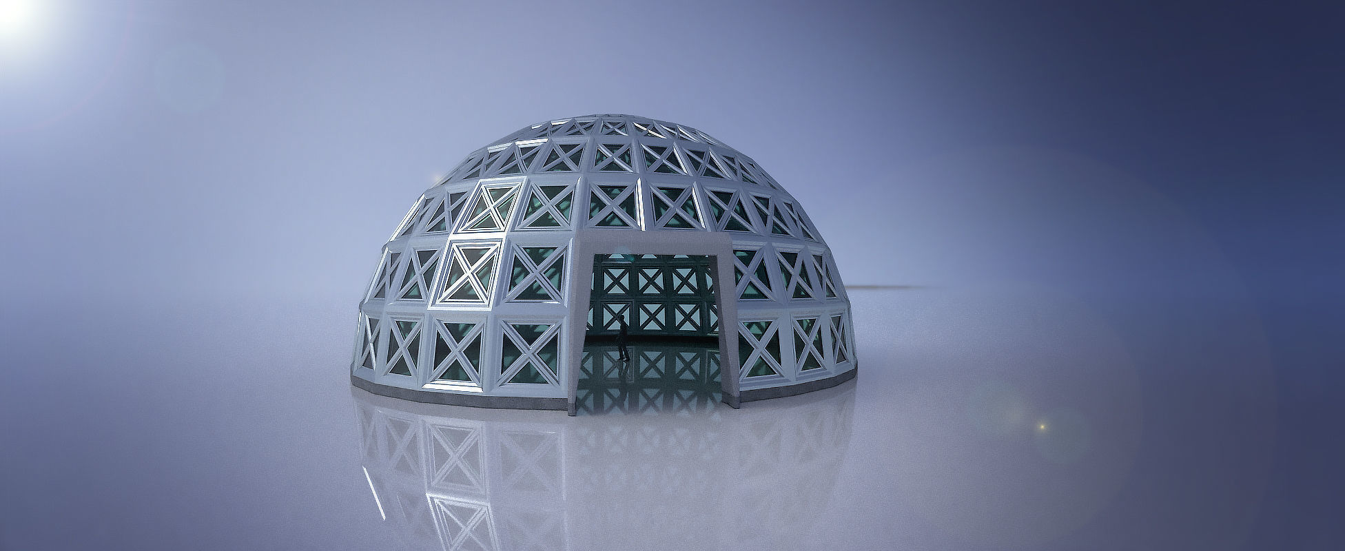 Large steel dome with glass panels and entry