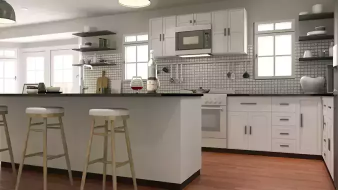 3D model Kitchen with cabinets and bar stools