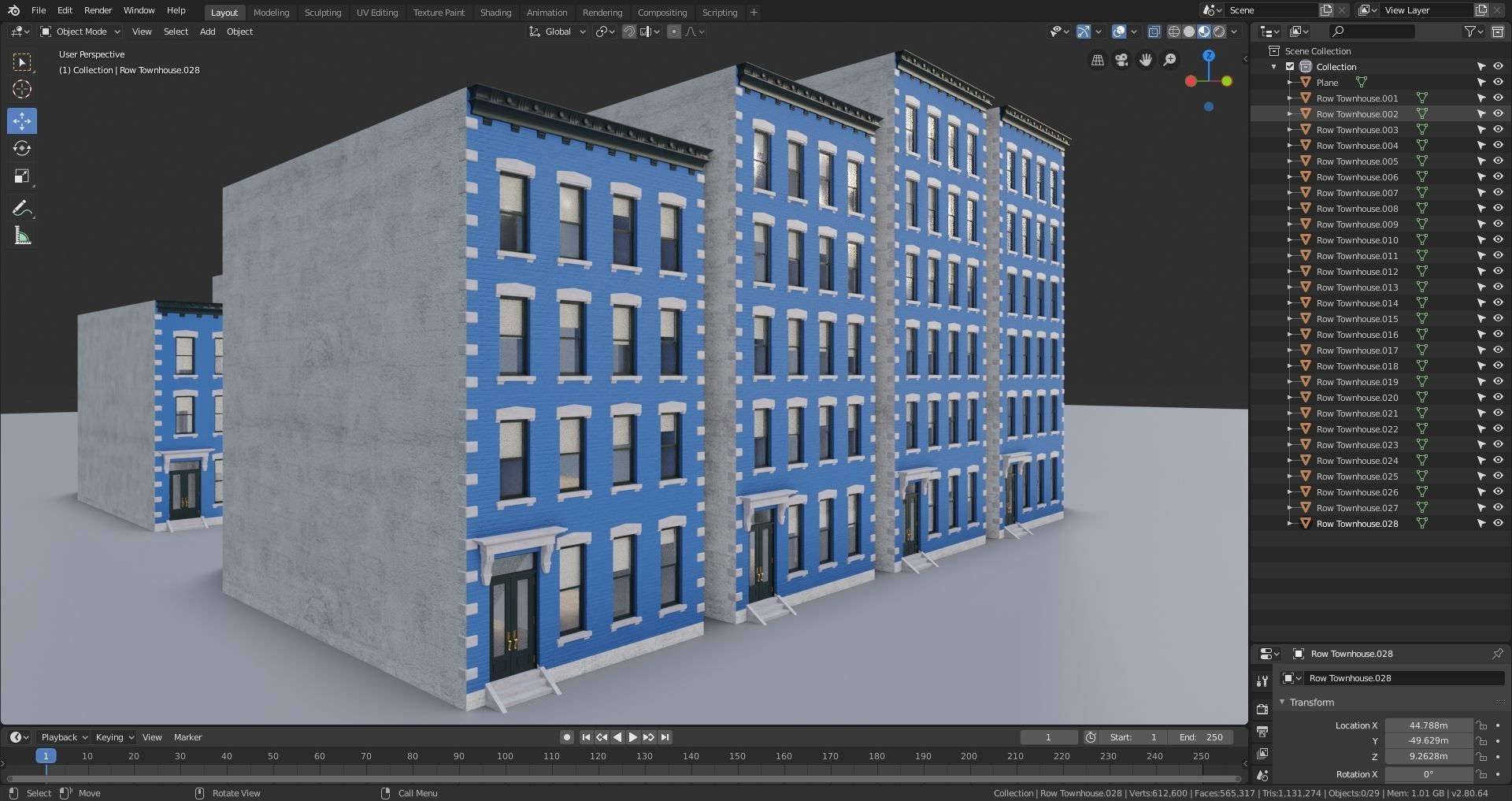 Row Townhouses New York style Low-poly 3D model_12