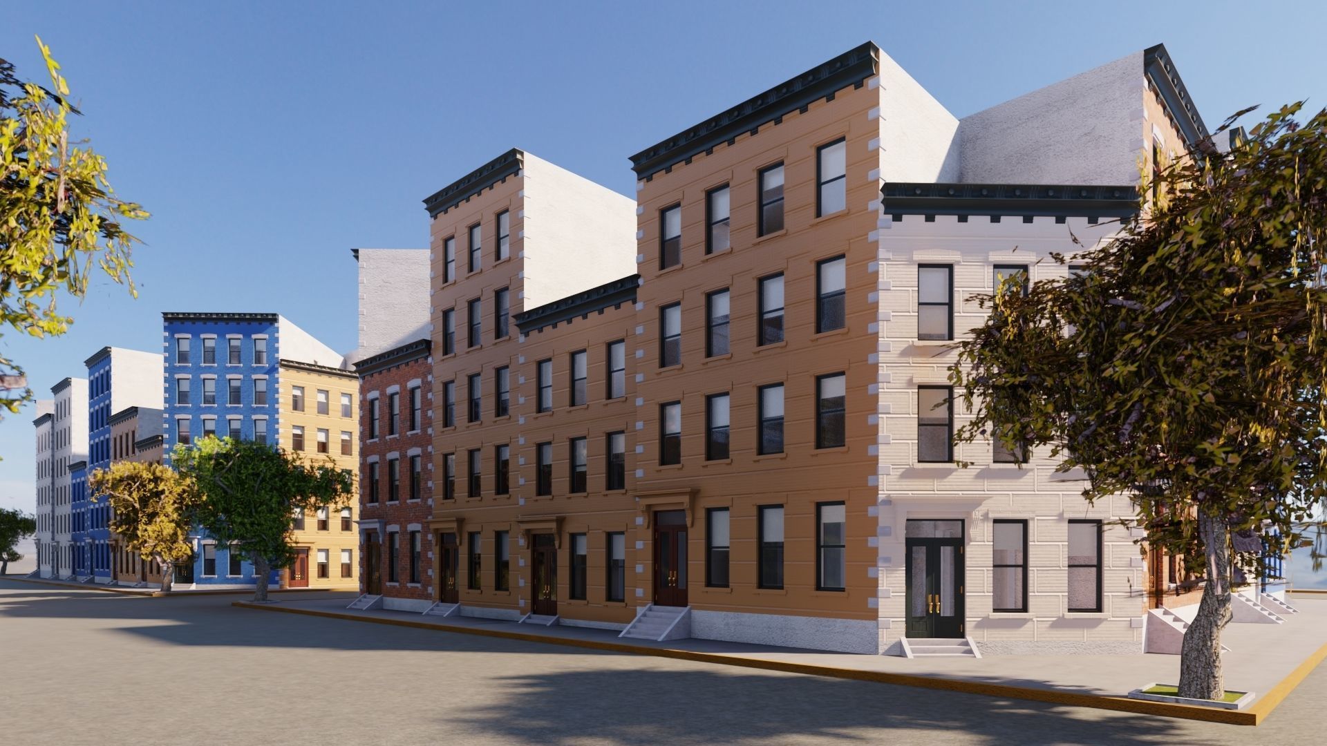 Row Townhouses New York style Low-poly 3D model_3