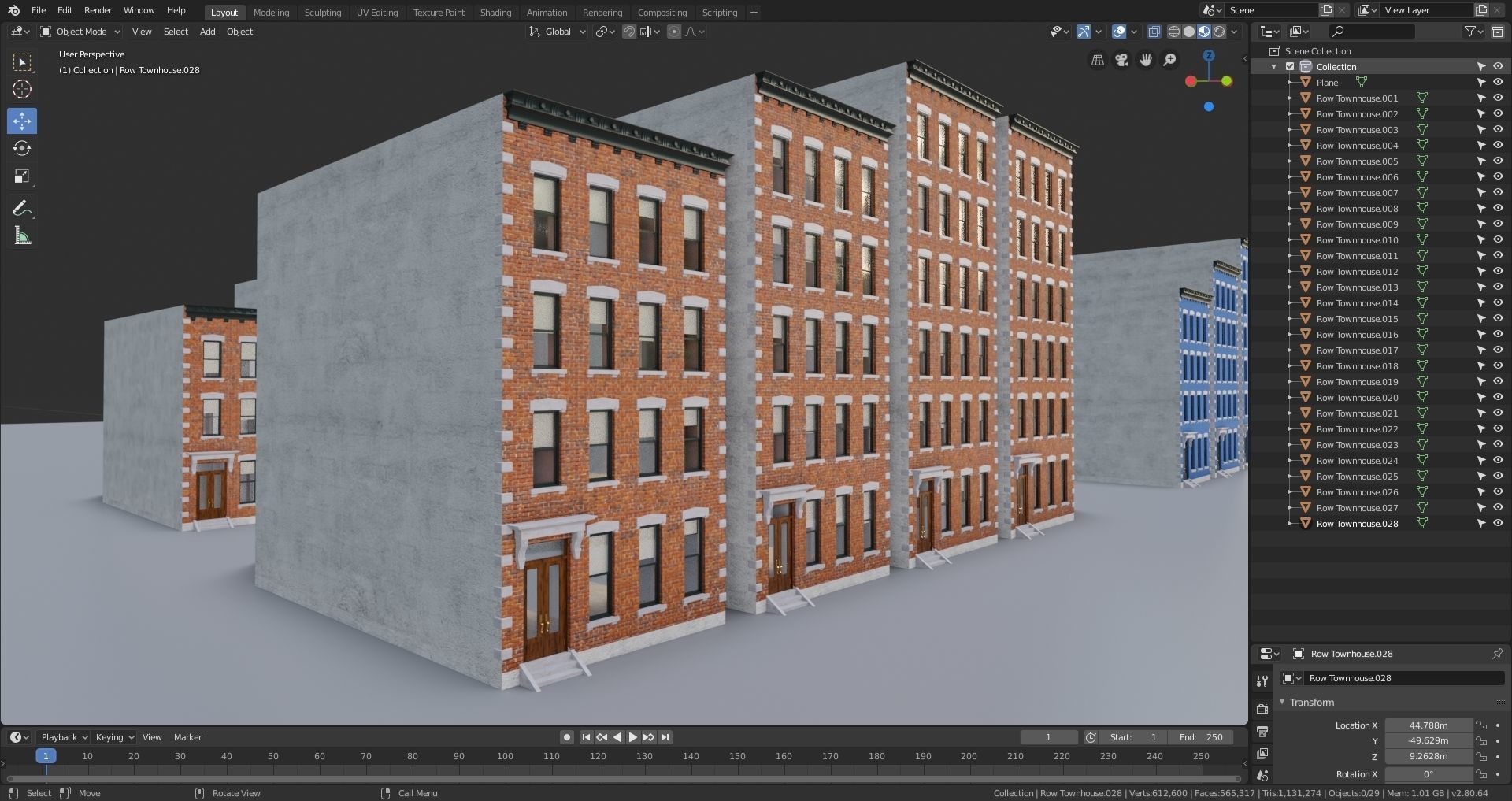 Row Townhouses New York style Low-poly 3D model_10