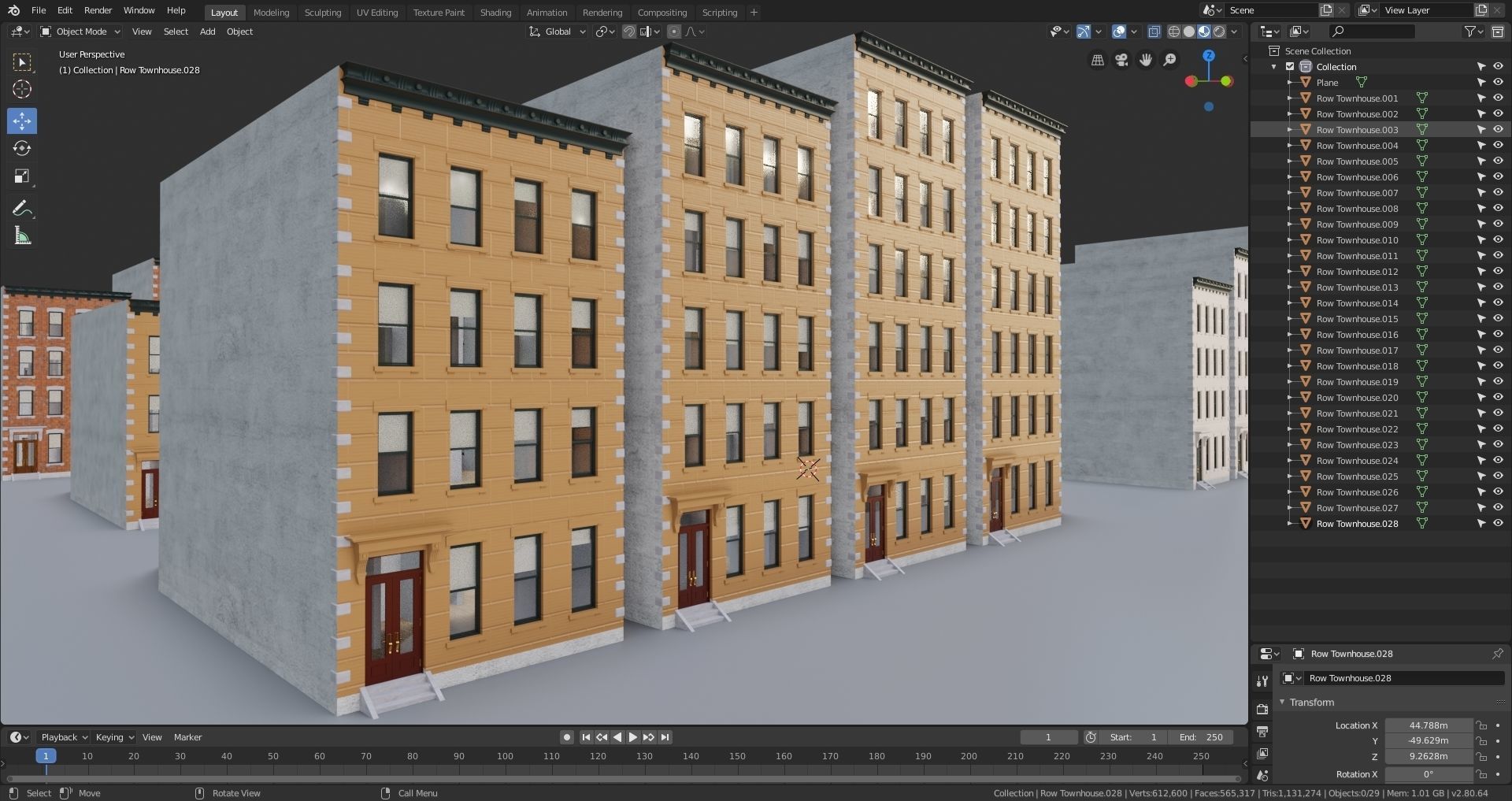 Row Townhouses New York style Low-poly 3D model_11