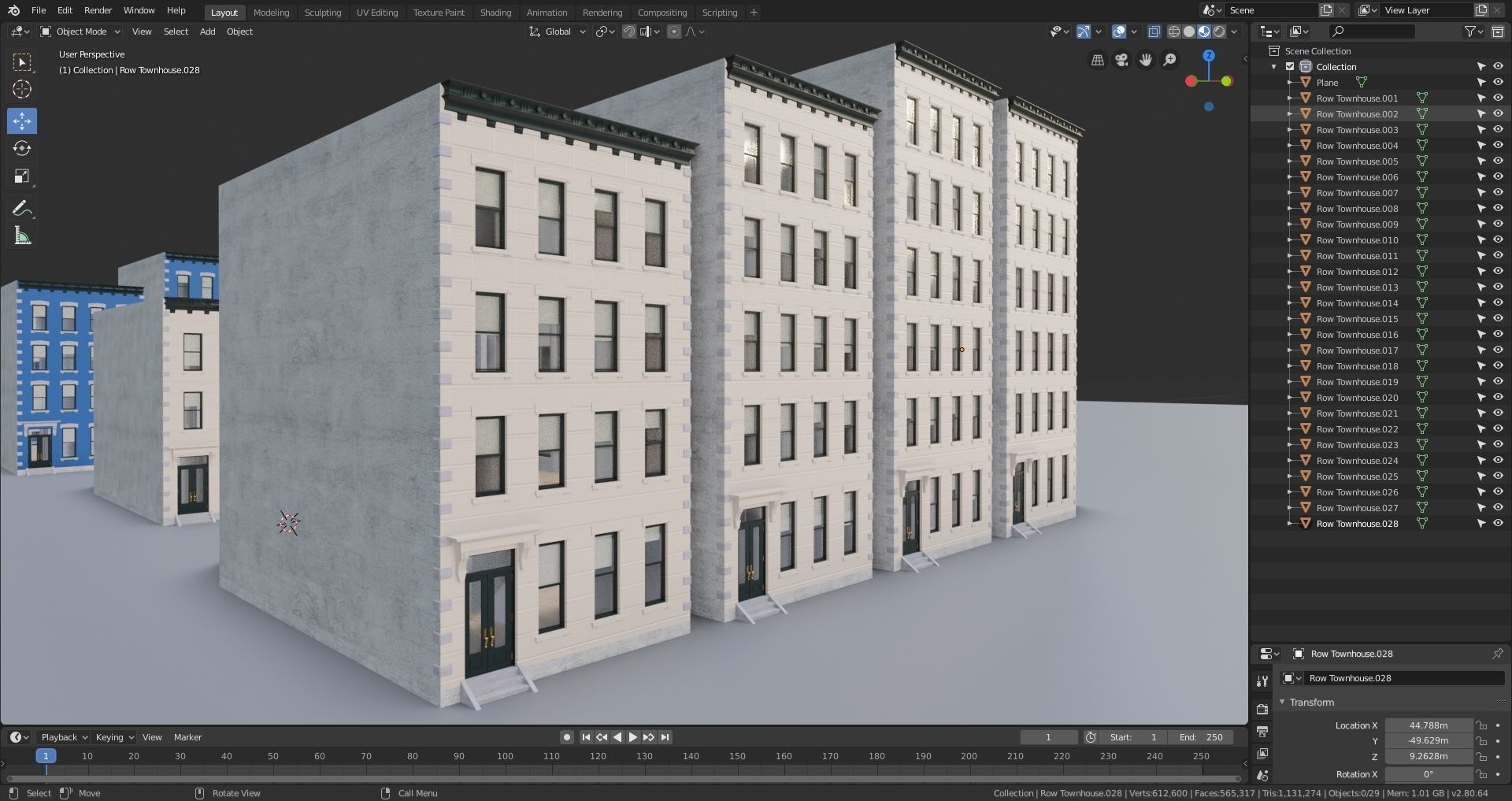 Row Townhouses New York style Low-poly 3D model_13