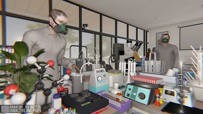 Laboratory - big building  characters and props Low-poly 3D model