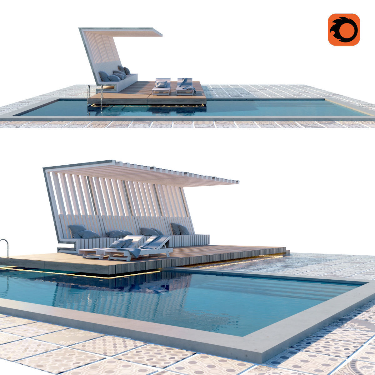 Pool with terrace and canopy  3D model_1