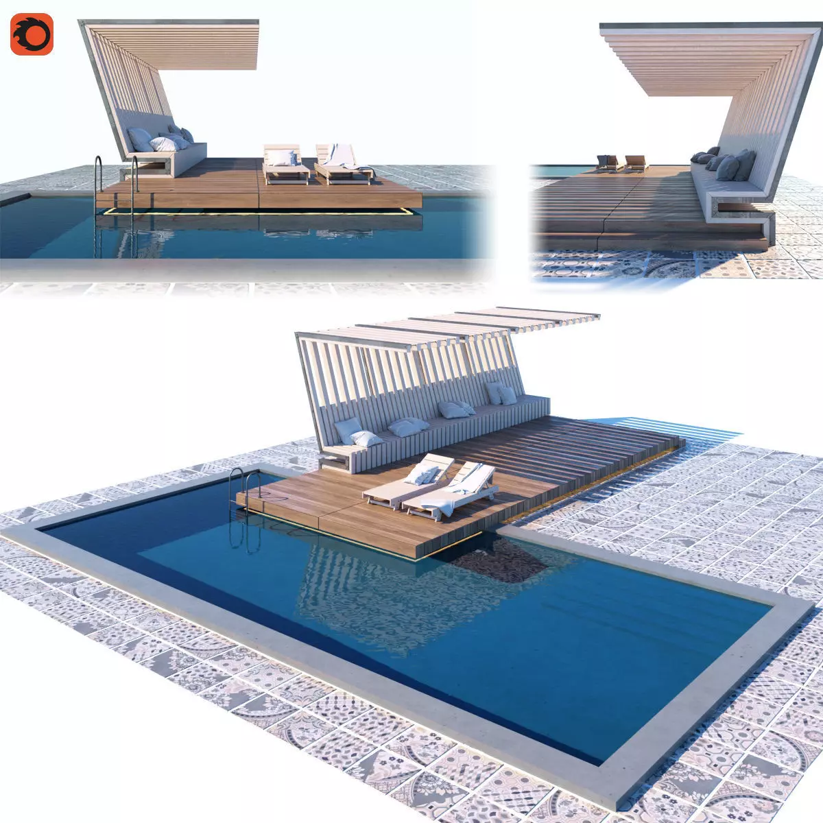 Pool with terrace and canopy  3D model_0