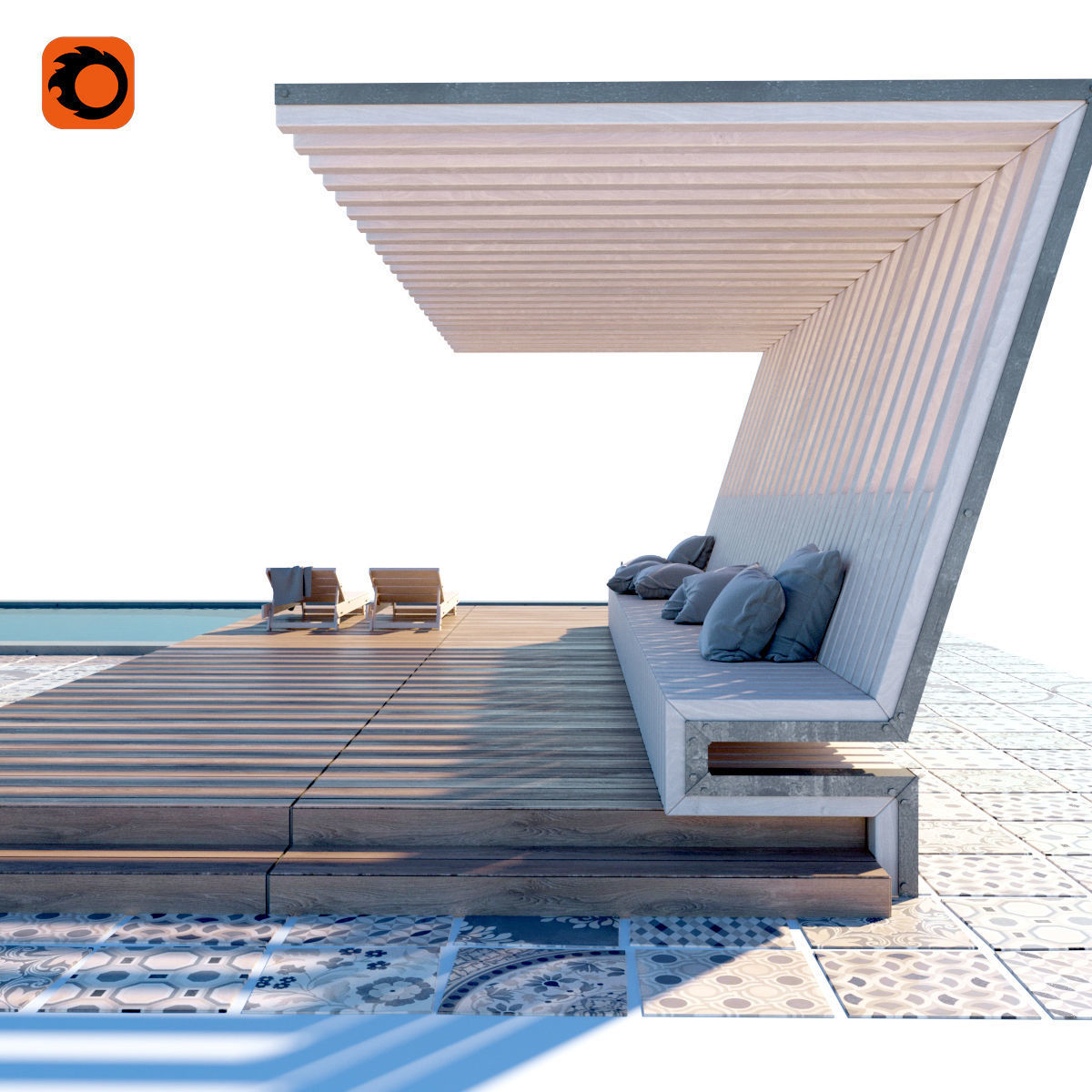 Pool with terrace and canopy  3D model_2