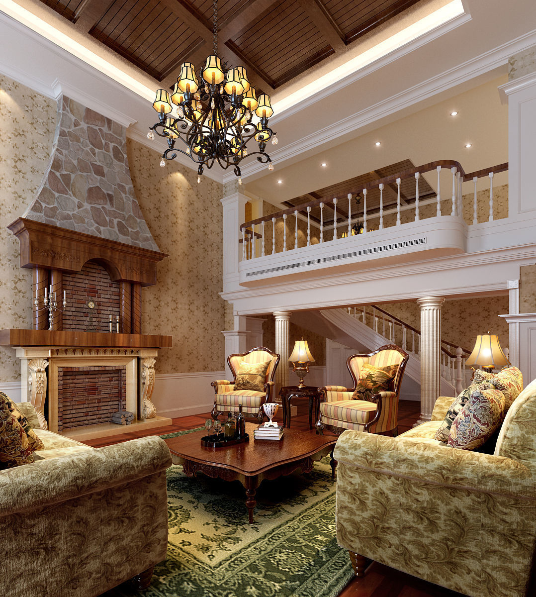 3D model American-style neoclassical living room 1