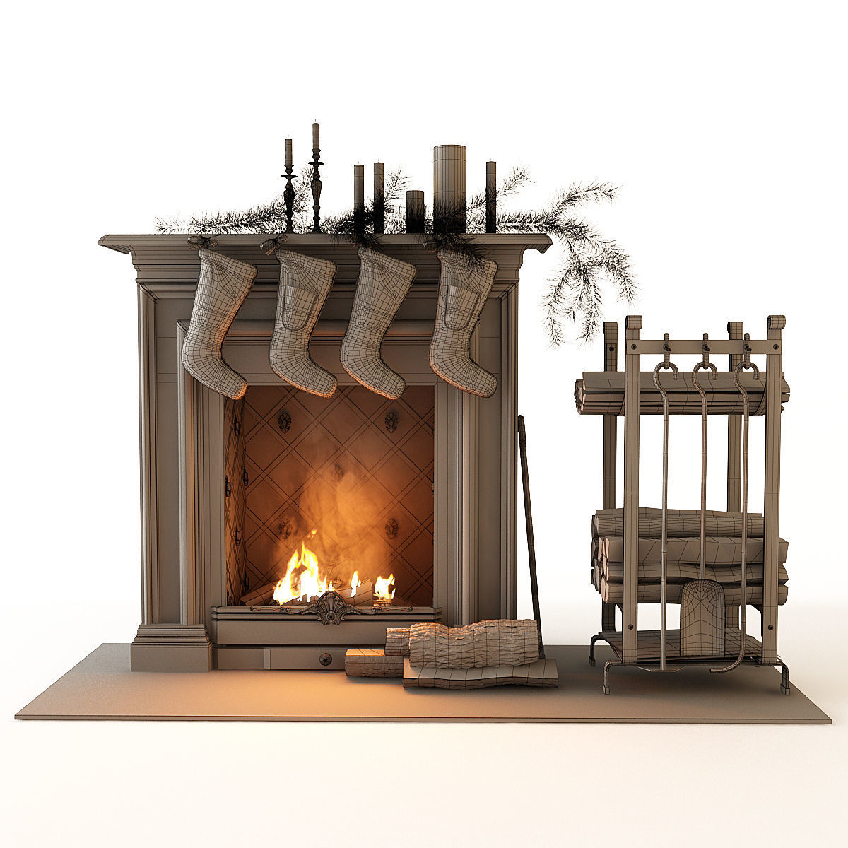 Fireplace with stockings 3D model_9