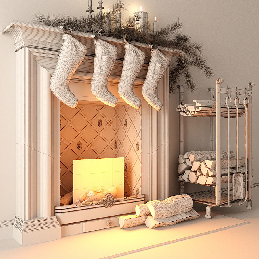 Fireplace with stockings 3D model_7