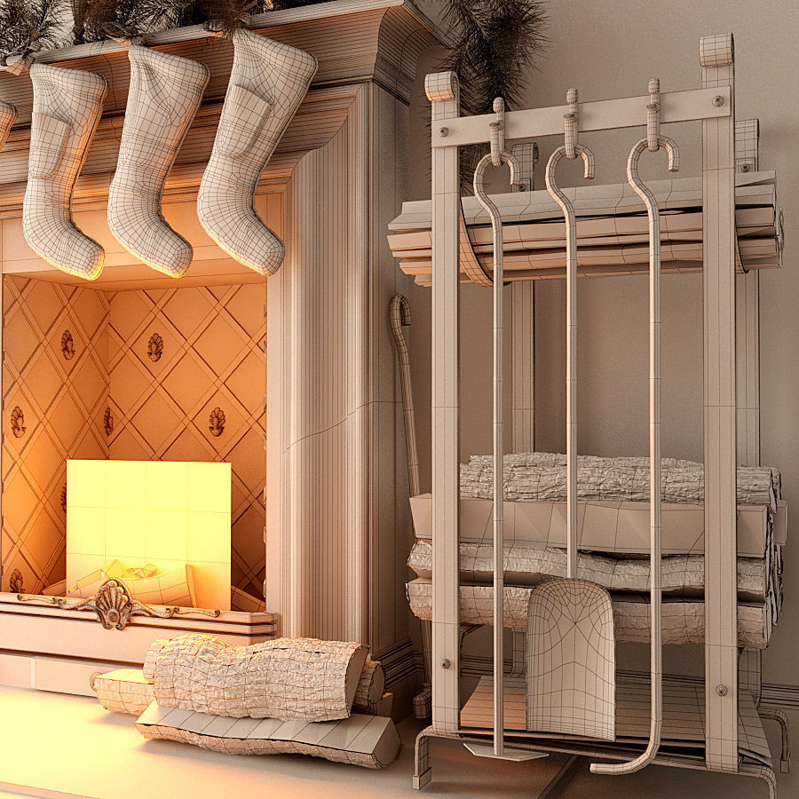 Fireplace with stockings 3D model_4