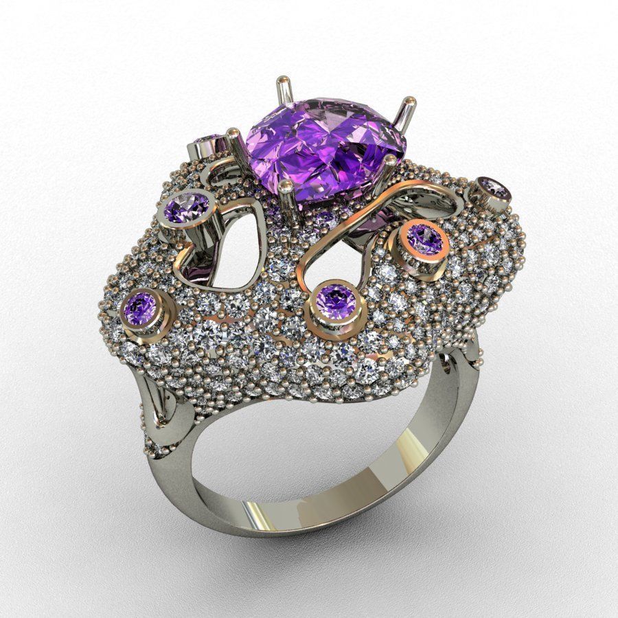 Ametist and Diamond Ring 3D print model 3D print model 3D print model_4