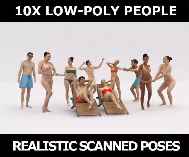10x LOW POLY BEACH PEOPLE CROWD Low-poly 3D model