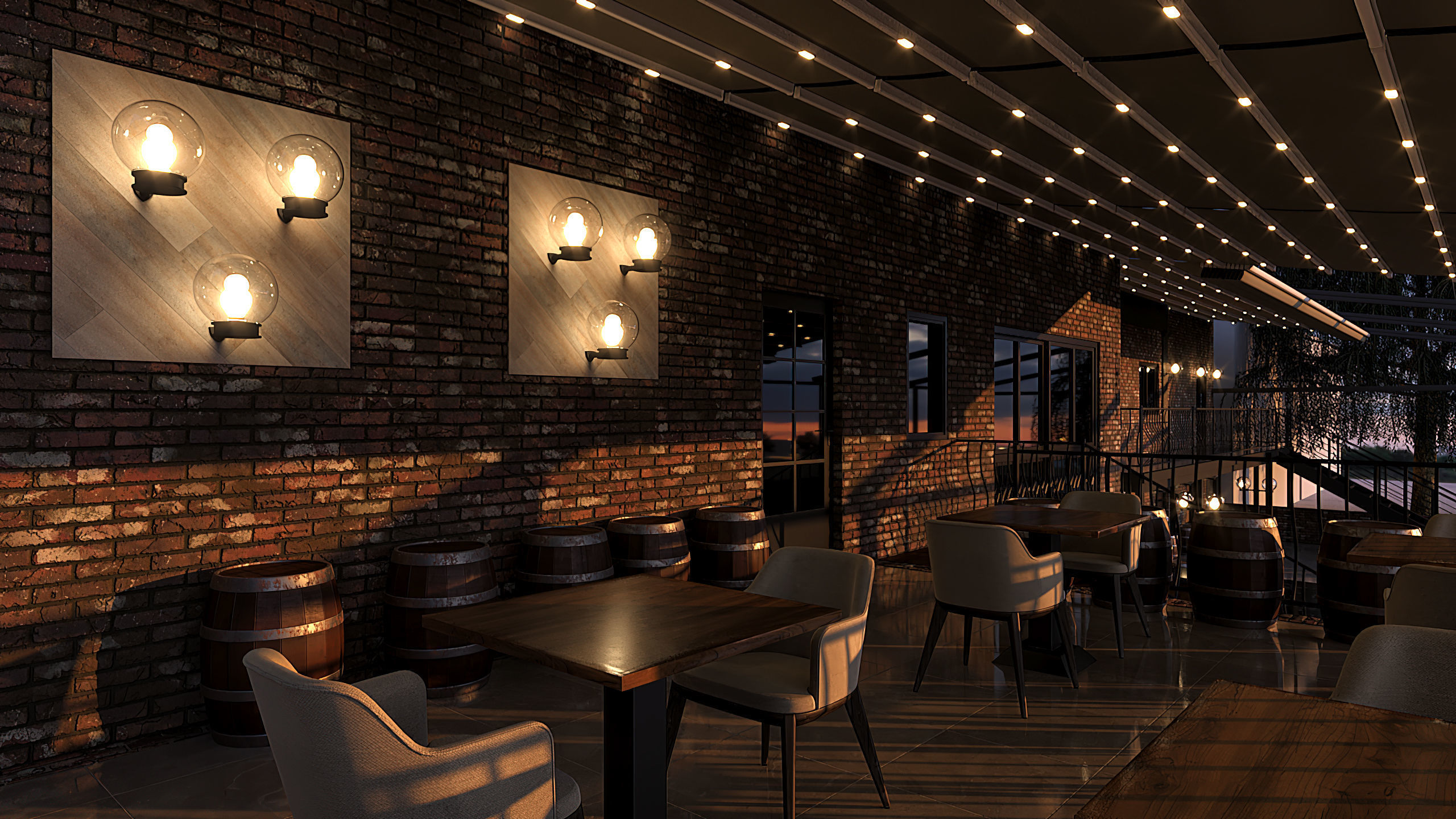 Restaurant with tables and chairs at dusk 3D model_1