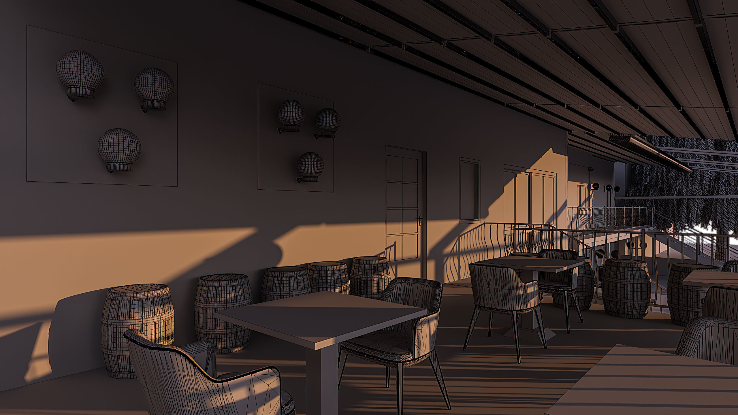 Restaurant with tables and chairs at dusk 3D model_10