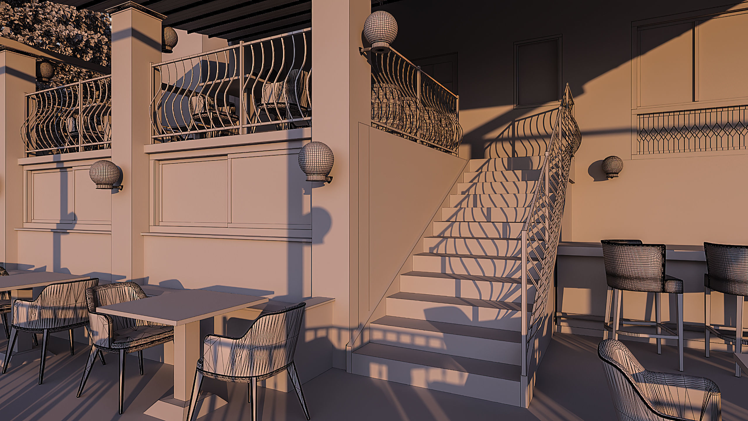 Restaurant with tables and chairs at dusk 3D model_12