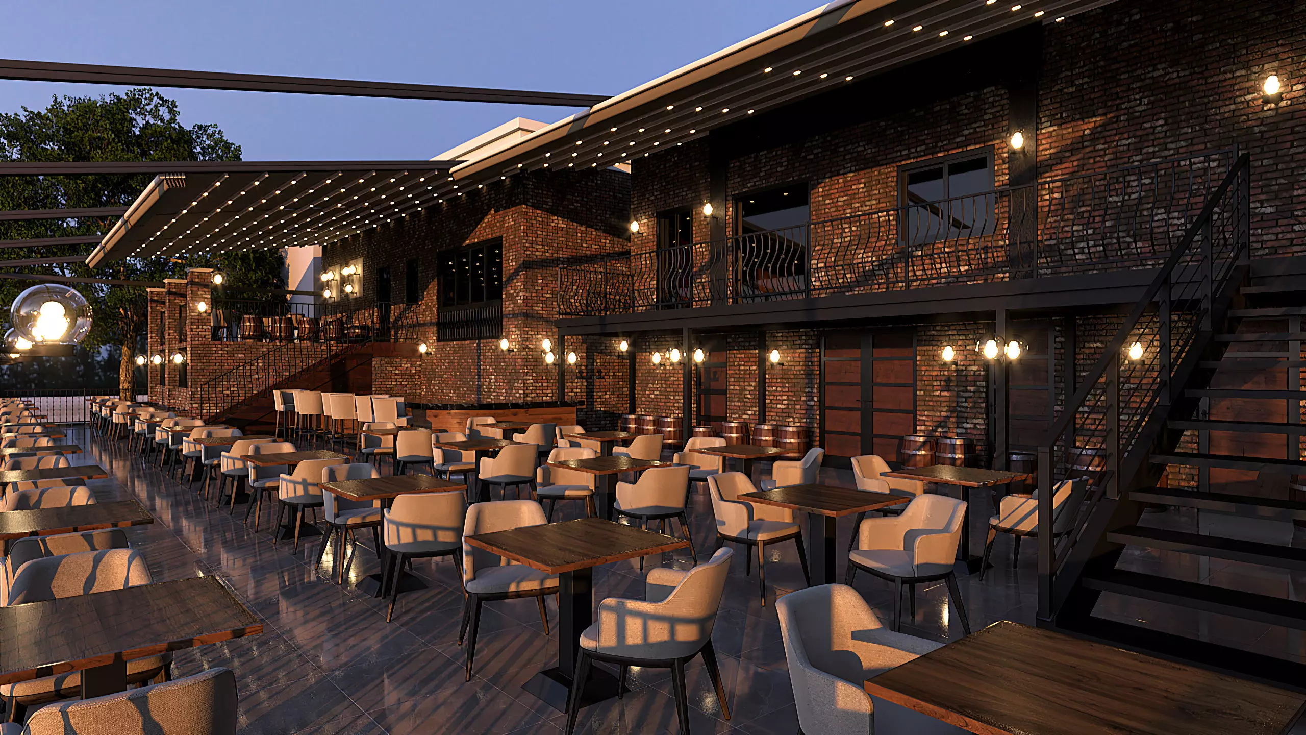 Restaurant with tables and chairs at dusk 3D model_0