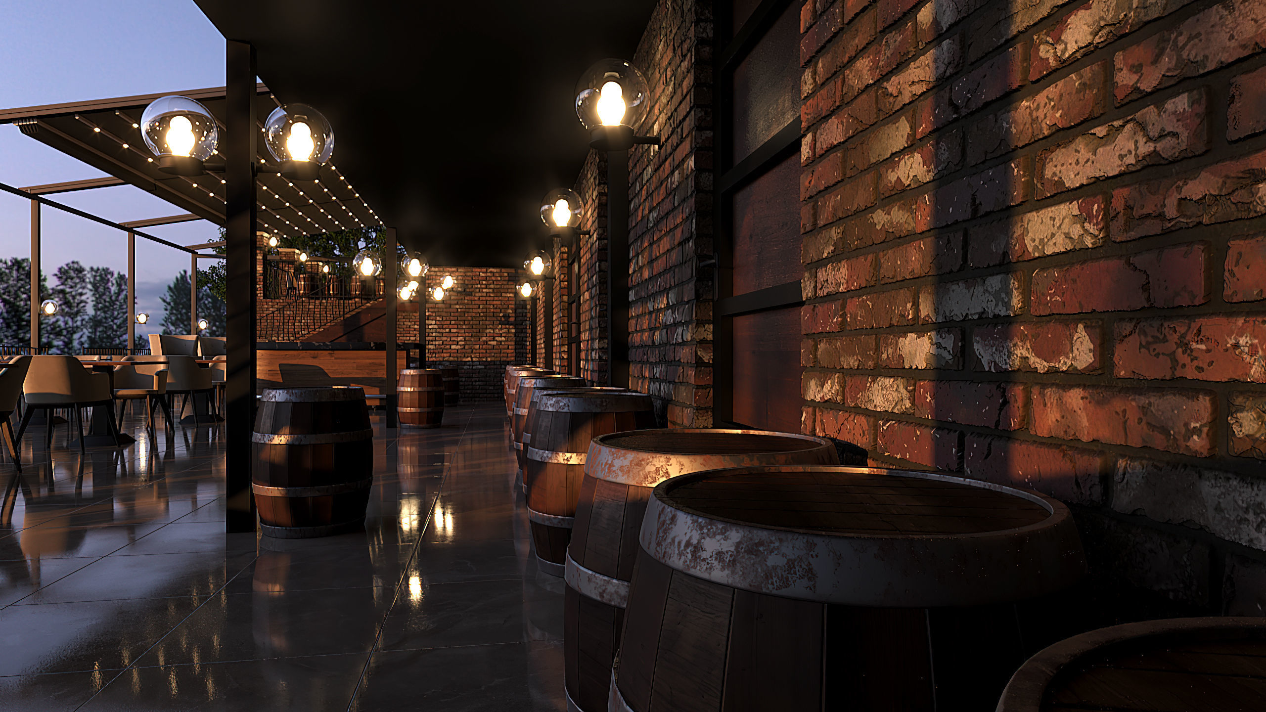 Restaurant with tables and chairs at dusk 3D model_2