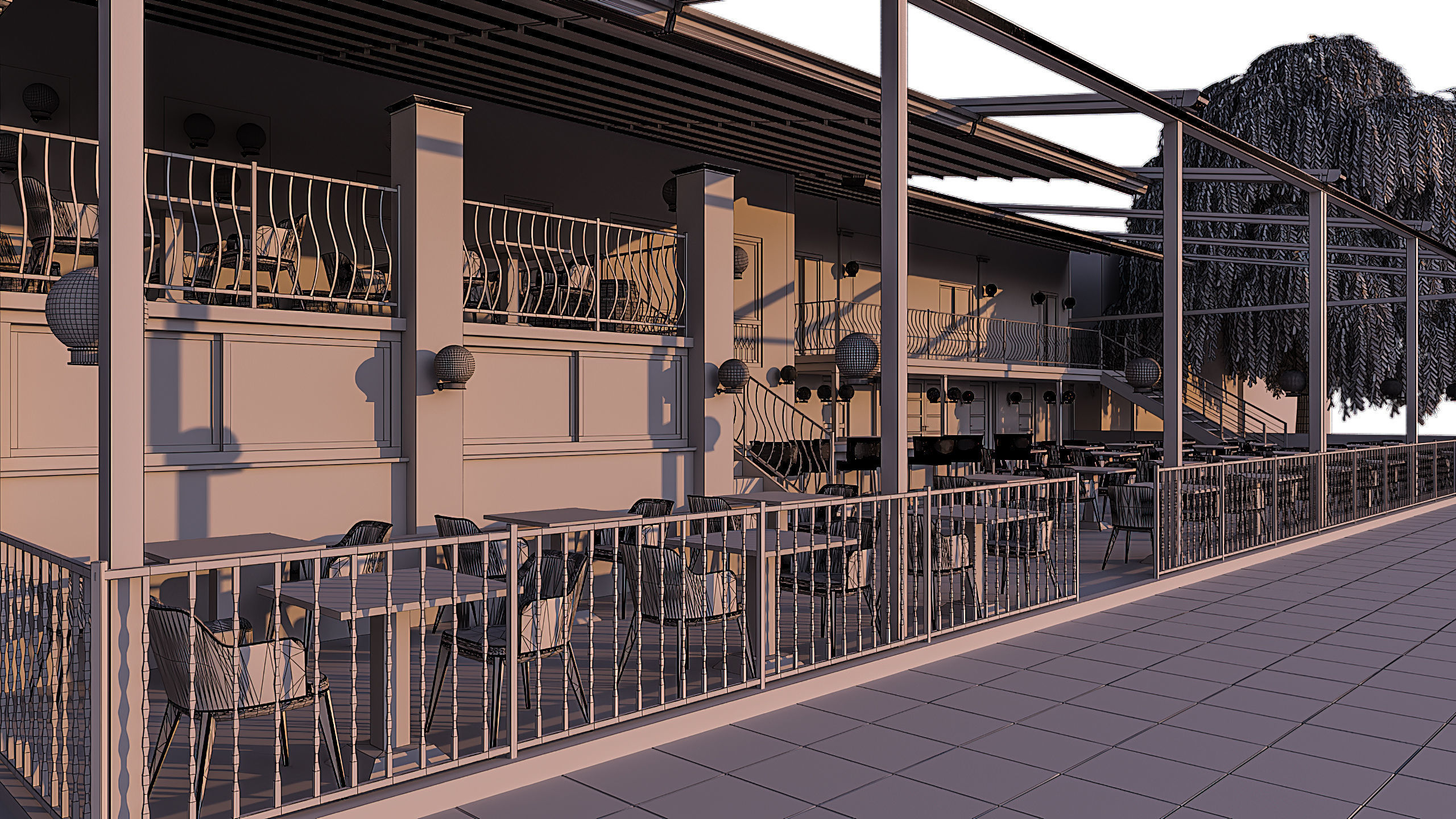 Restaurant with tables and chairs at dusk 3D model_14