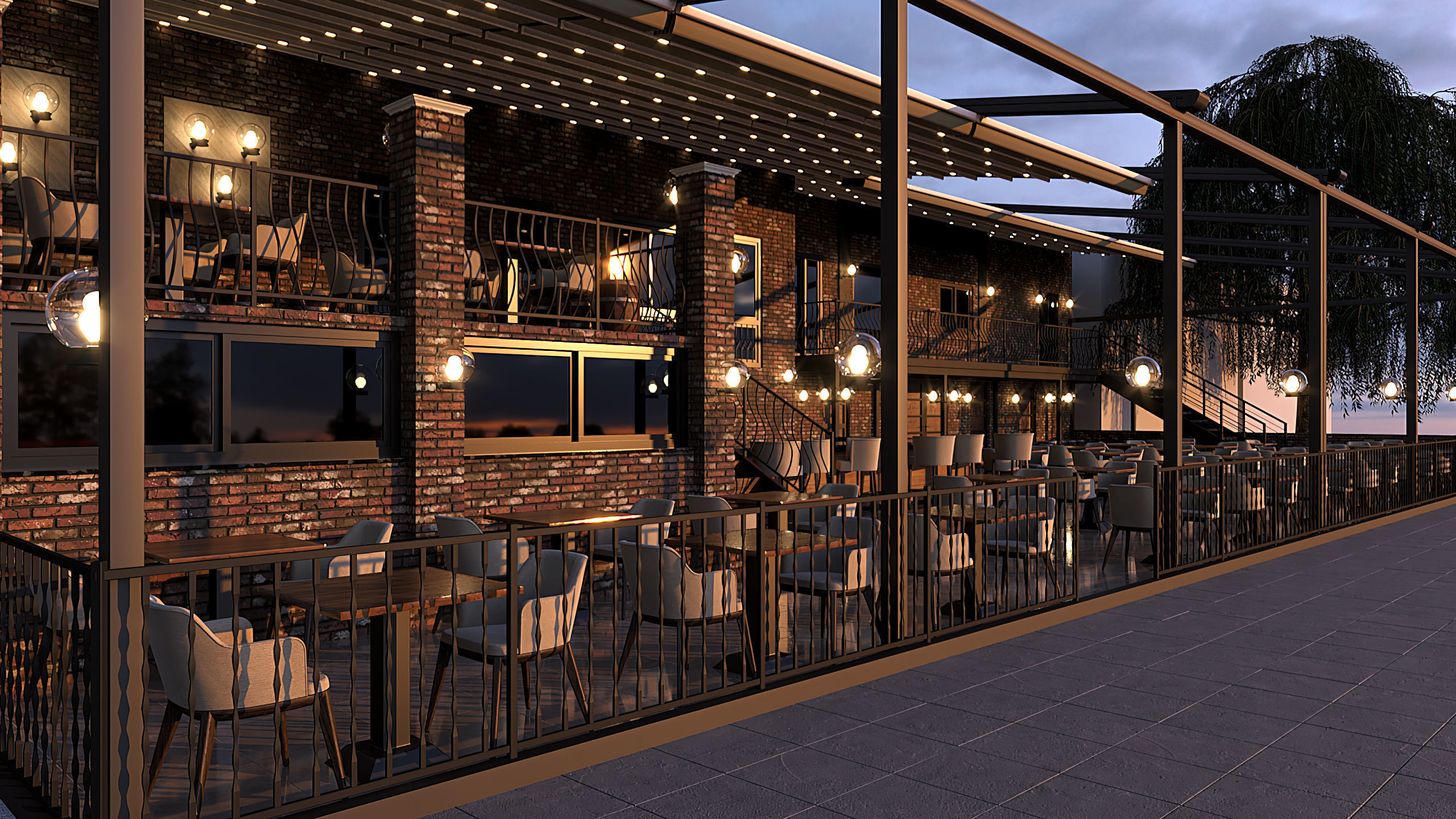 Restaurant with tables and chairs at dusk 3D model_5