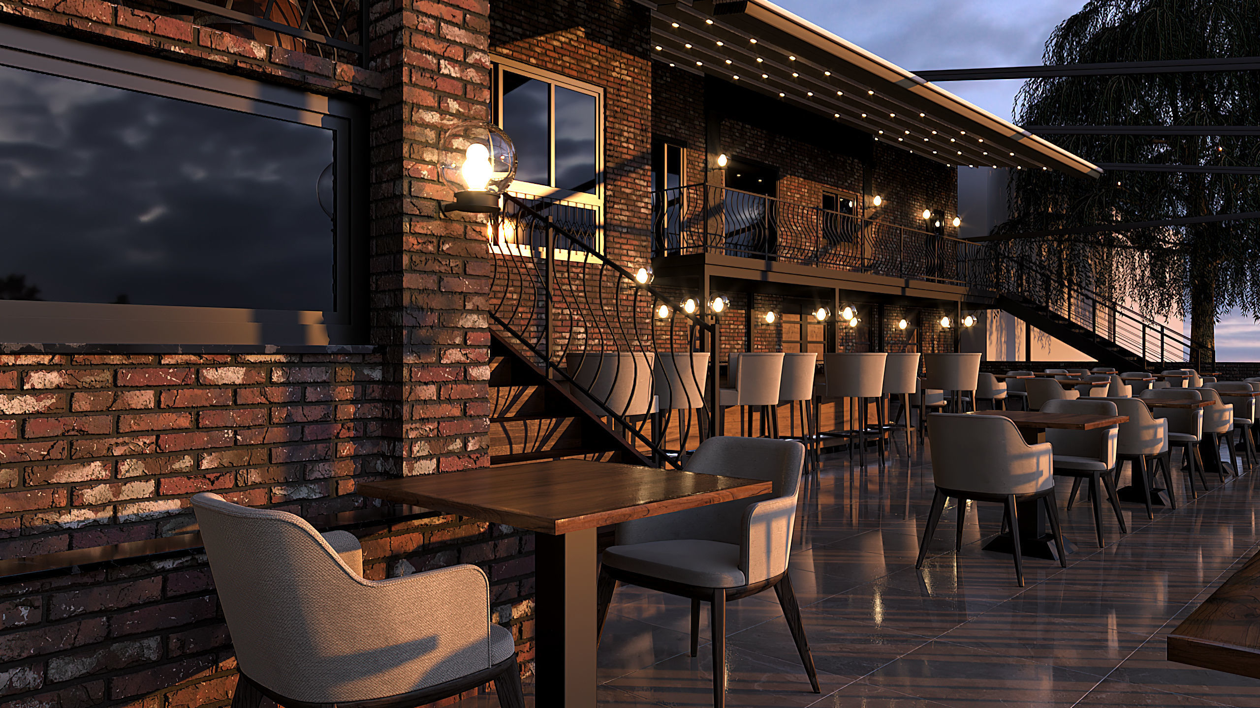 Restaurant with tables and chairs at dusk 3D model_6