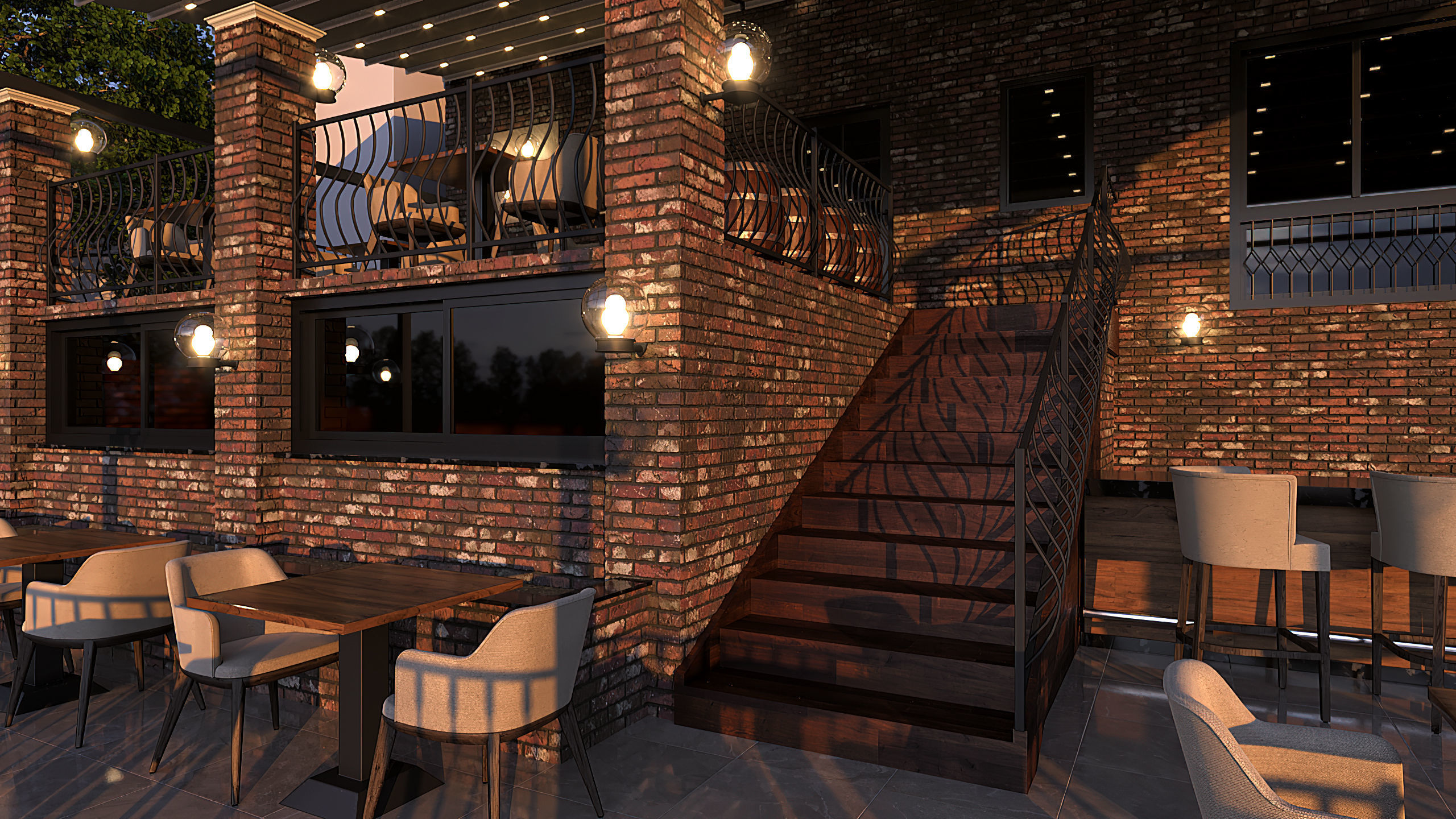 Restaurant with tables and chairs at dusk 3D model_3