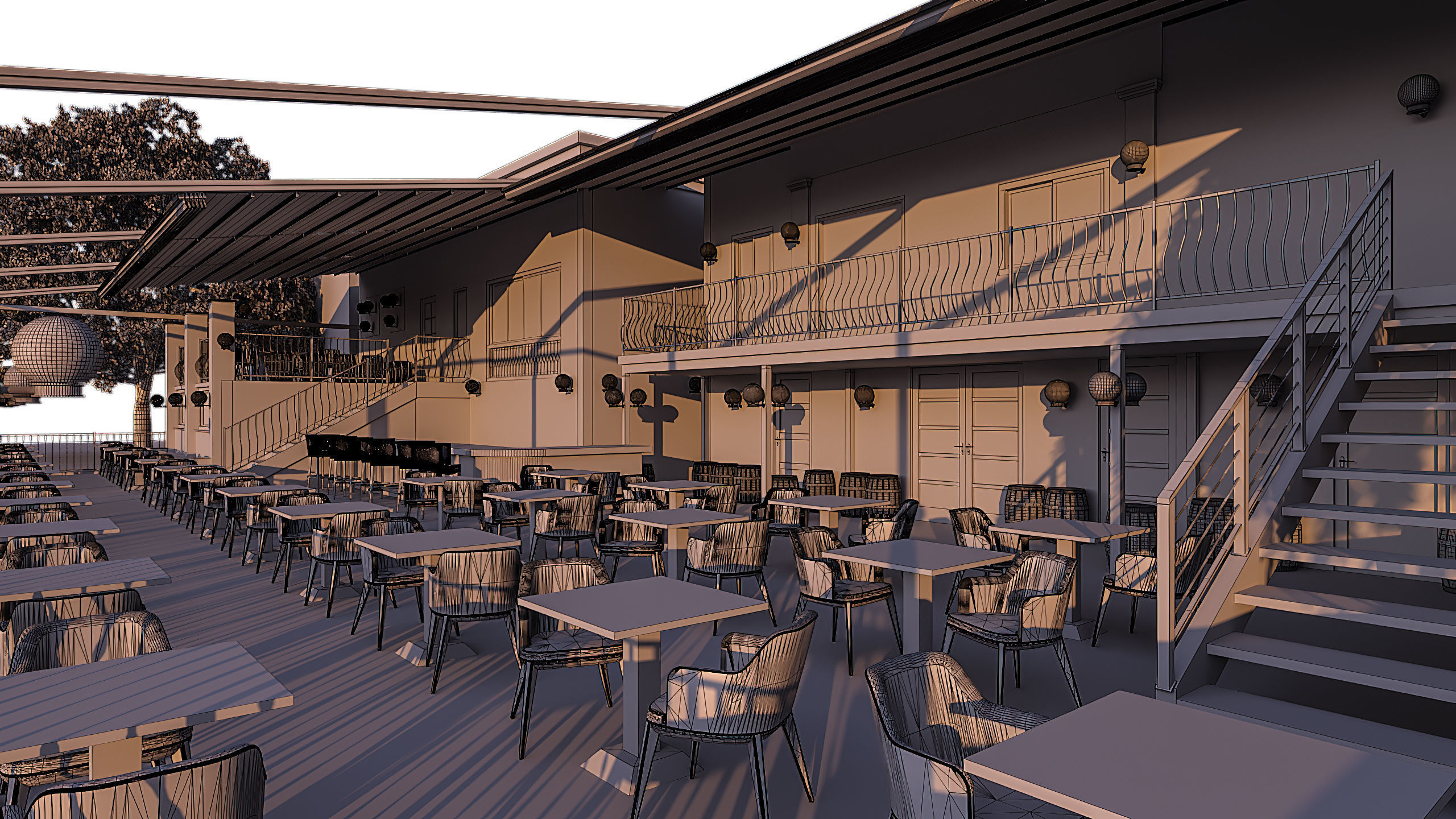 Restaurant with tables and chairs at dusk 3D model_9