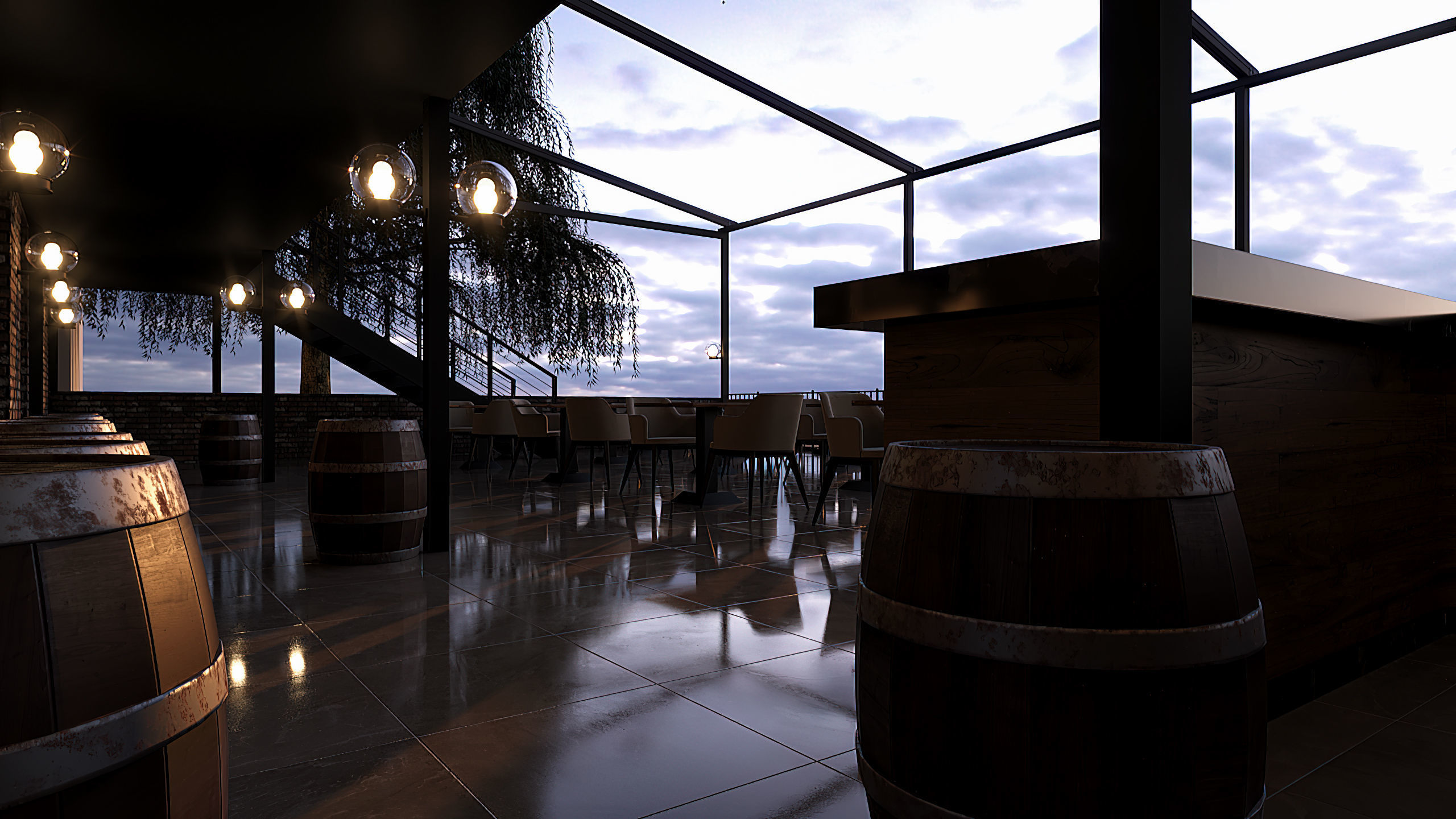 Restaurant with tables and chairs at dusk 3D model_8
