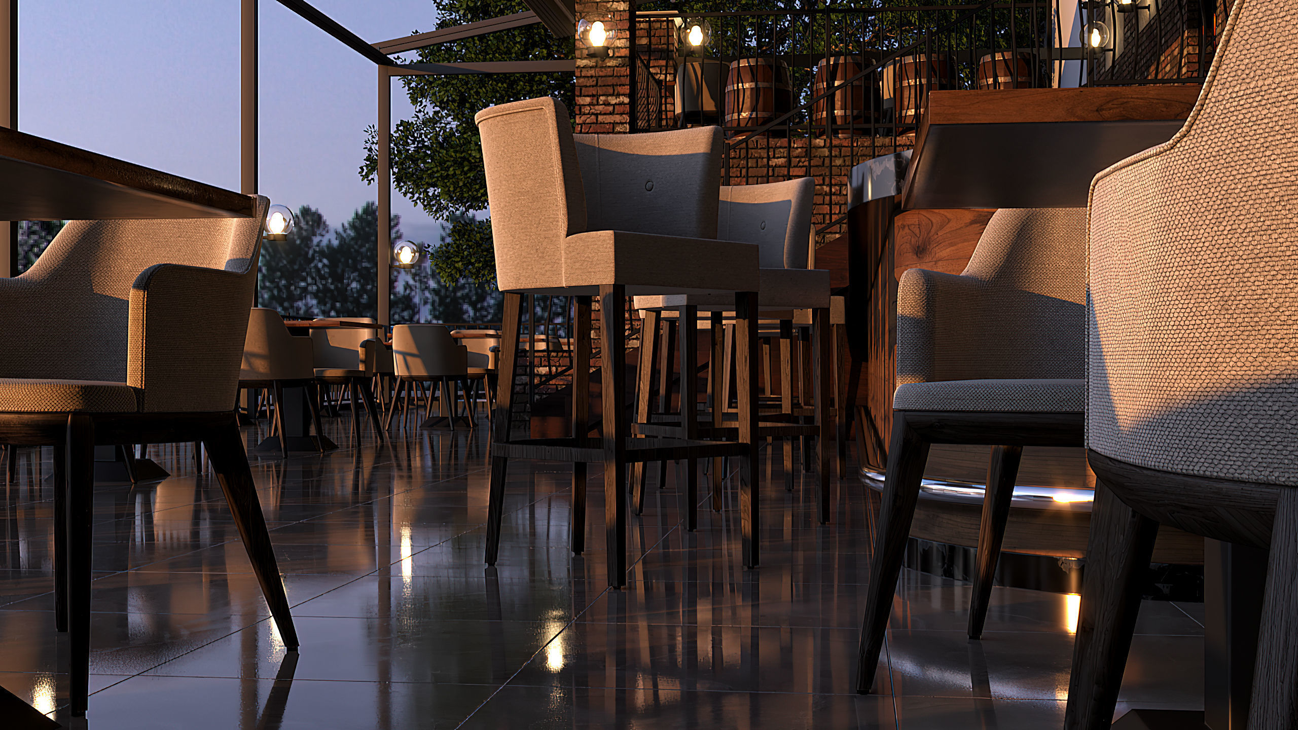 Restaurant with tables and chairs at dusk 3D model_7