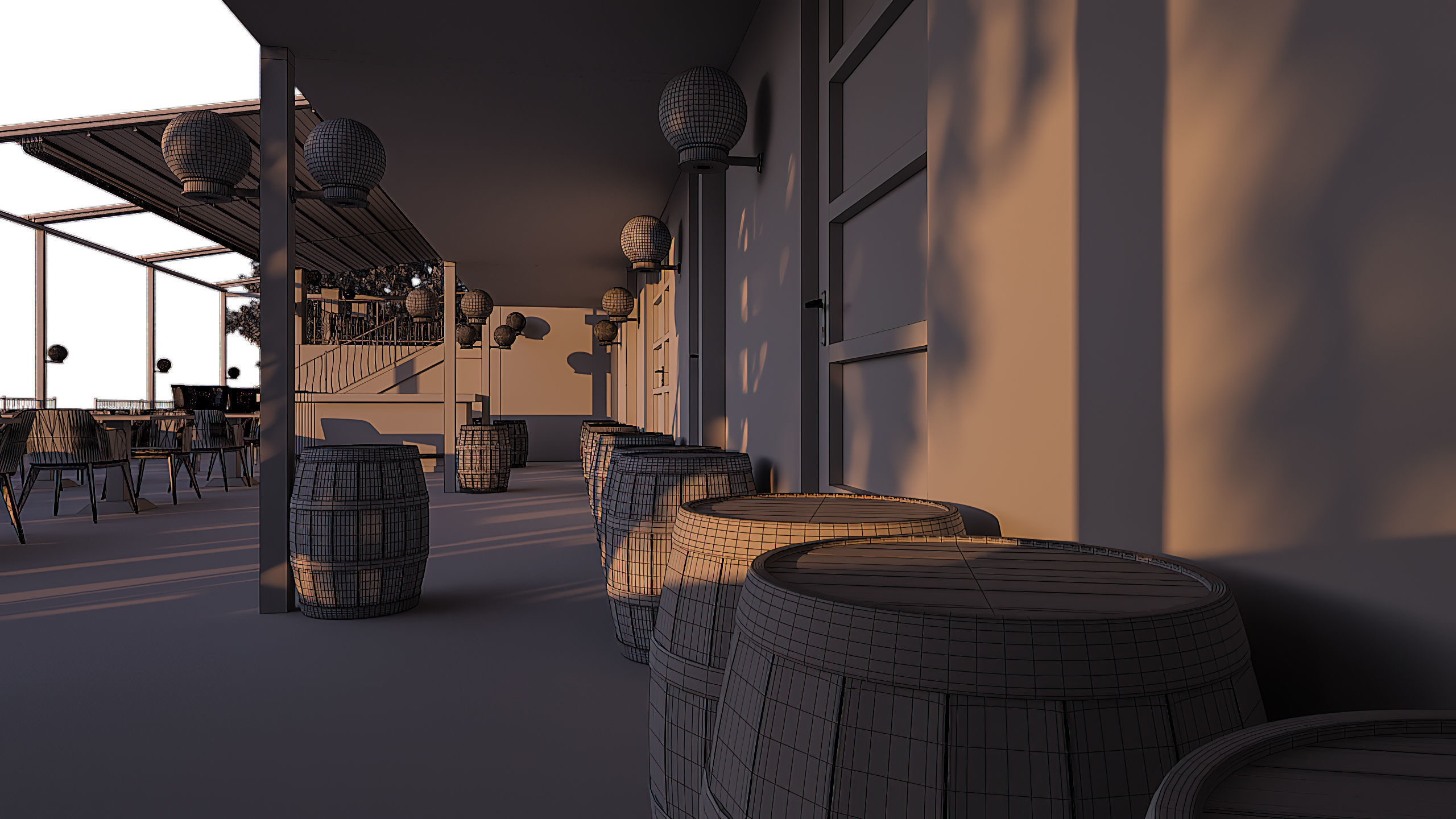 Restaurant with tables and chairs at dusk 3D model_11