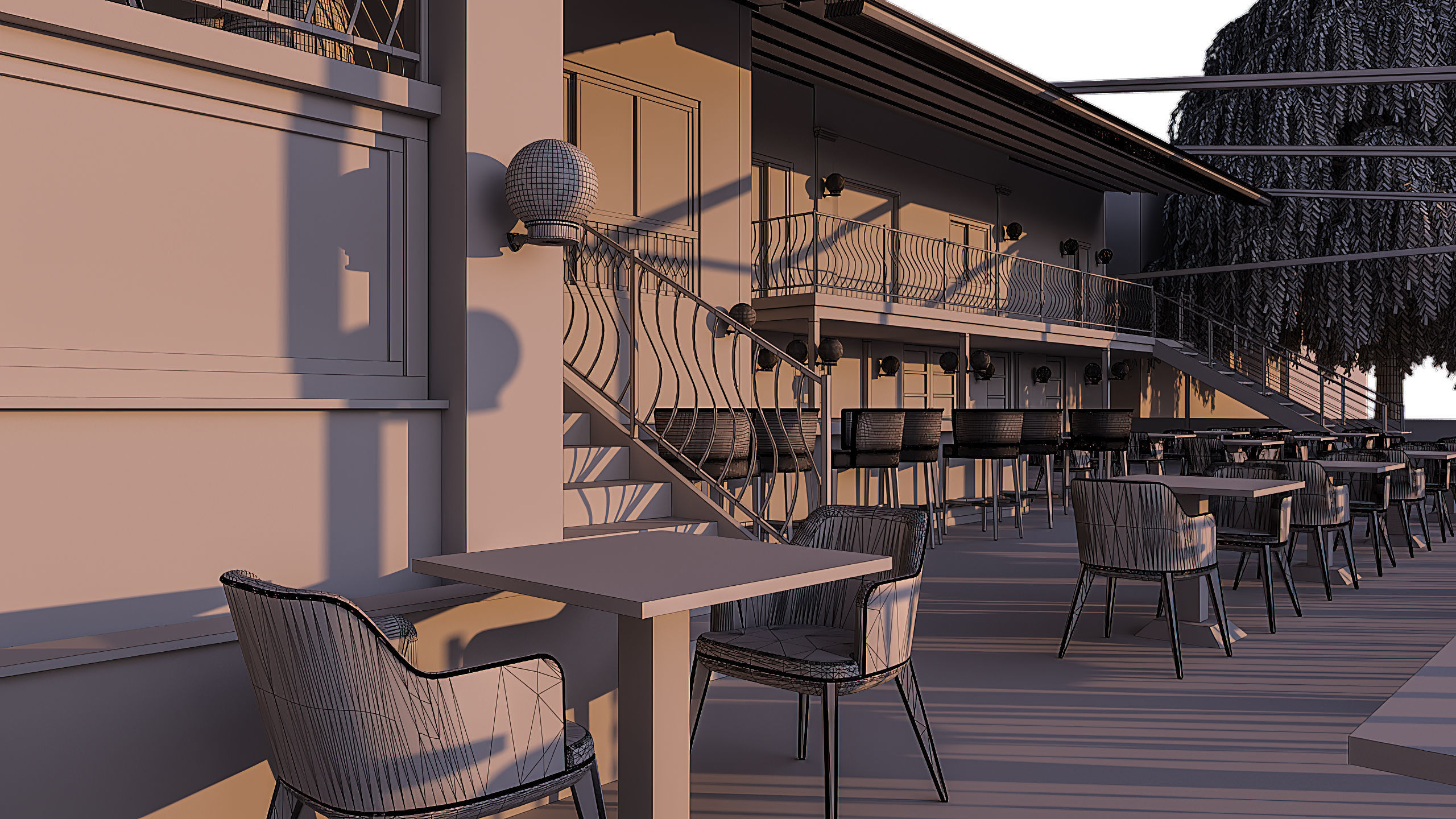 Restaurant with tables and chairs at dusk 3D model_15