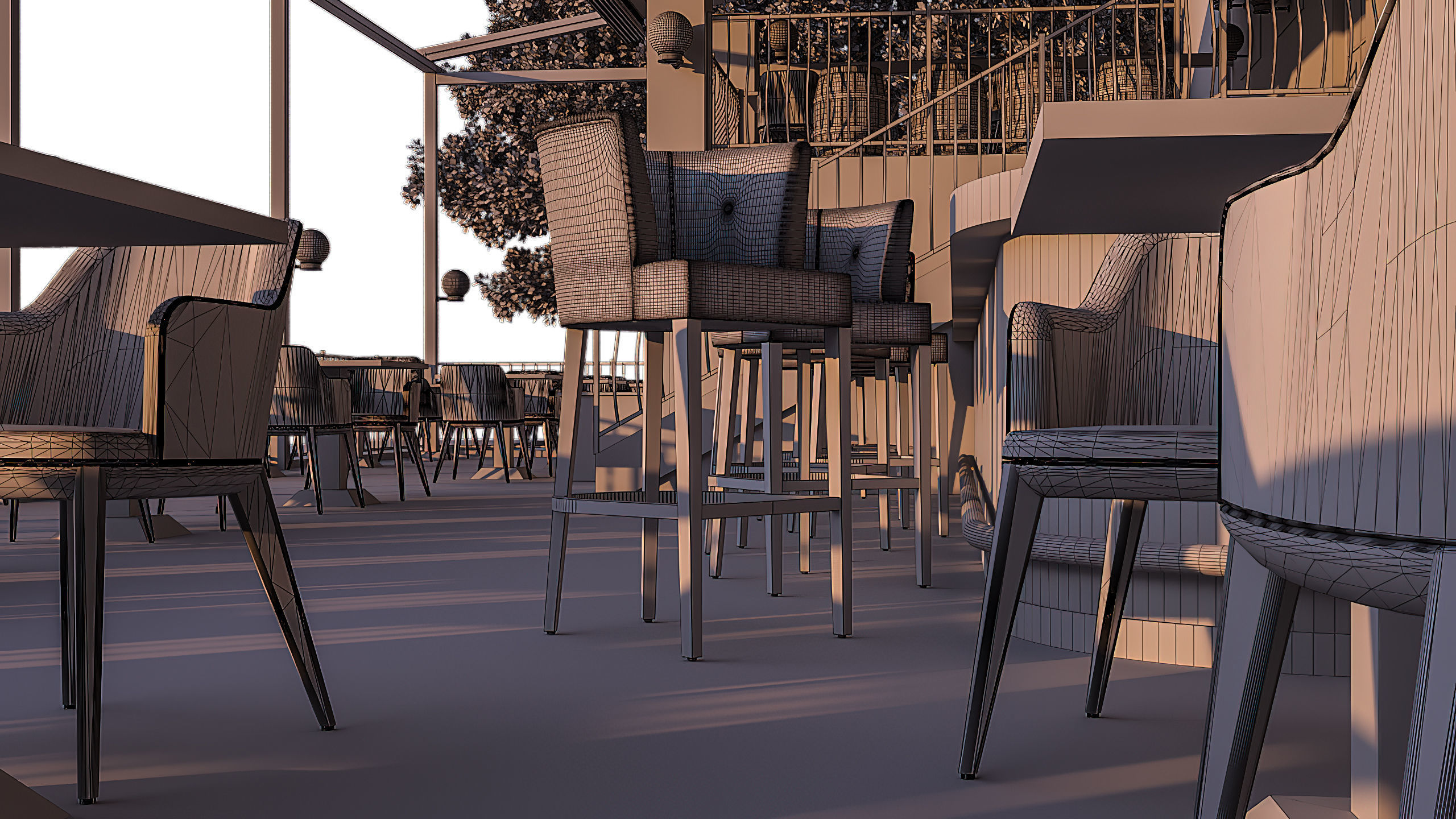 Restaurant with tables and chairs at dusk 3D model_16