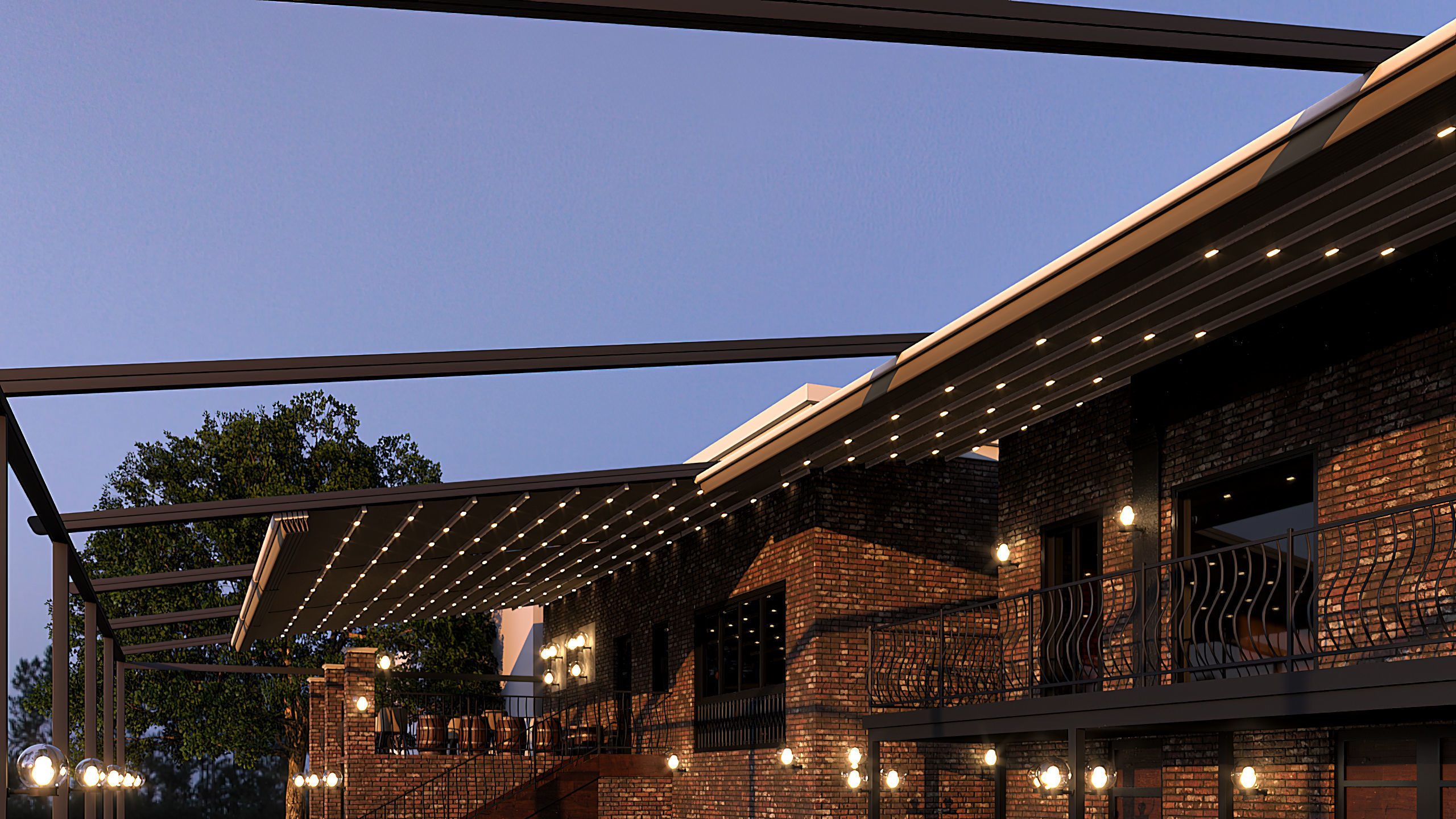 Restaurant with tables and chairs at dusk 3D model_4