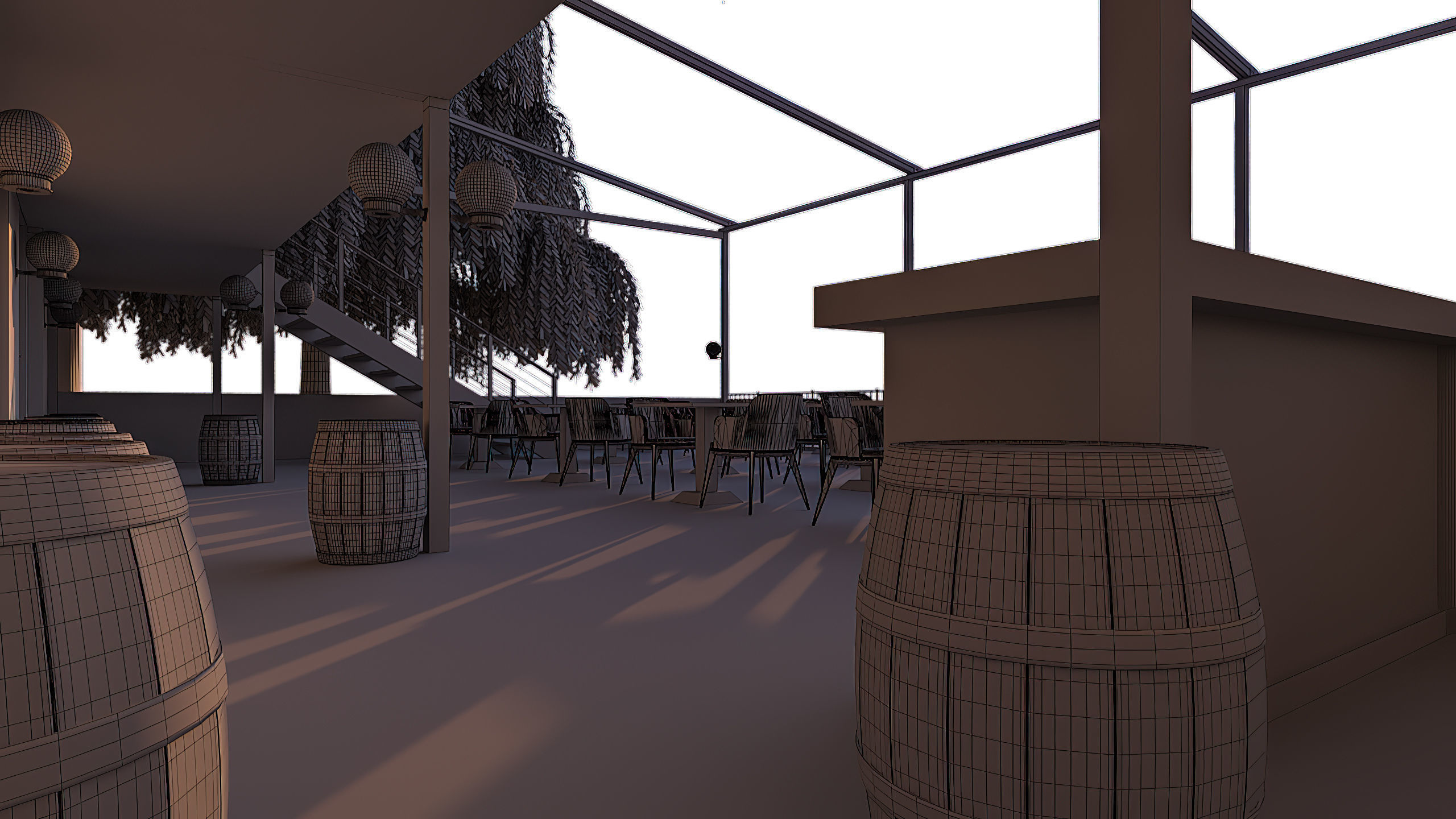 Restaurant with tables and chairs at dusk 3D model_17