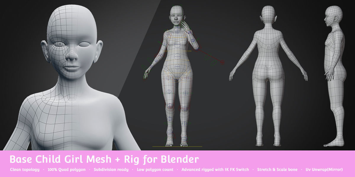Base Meshes Child Starter Kit Low-poly 3D model_4