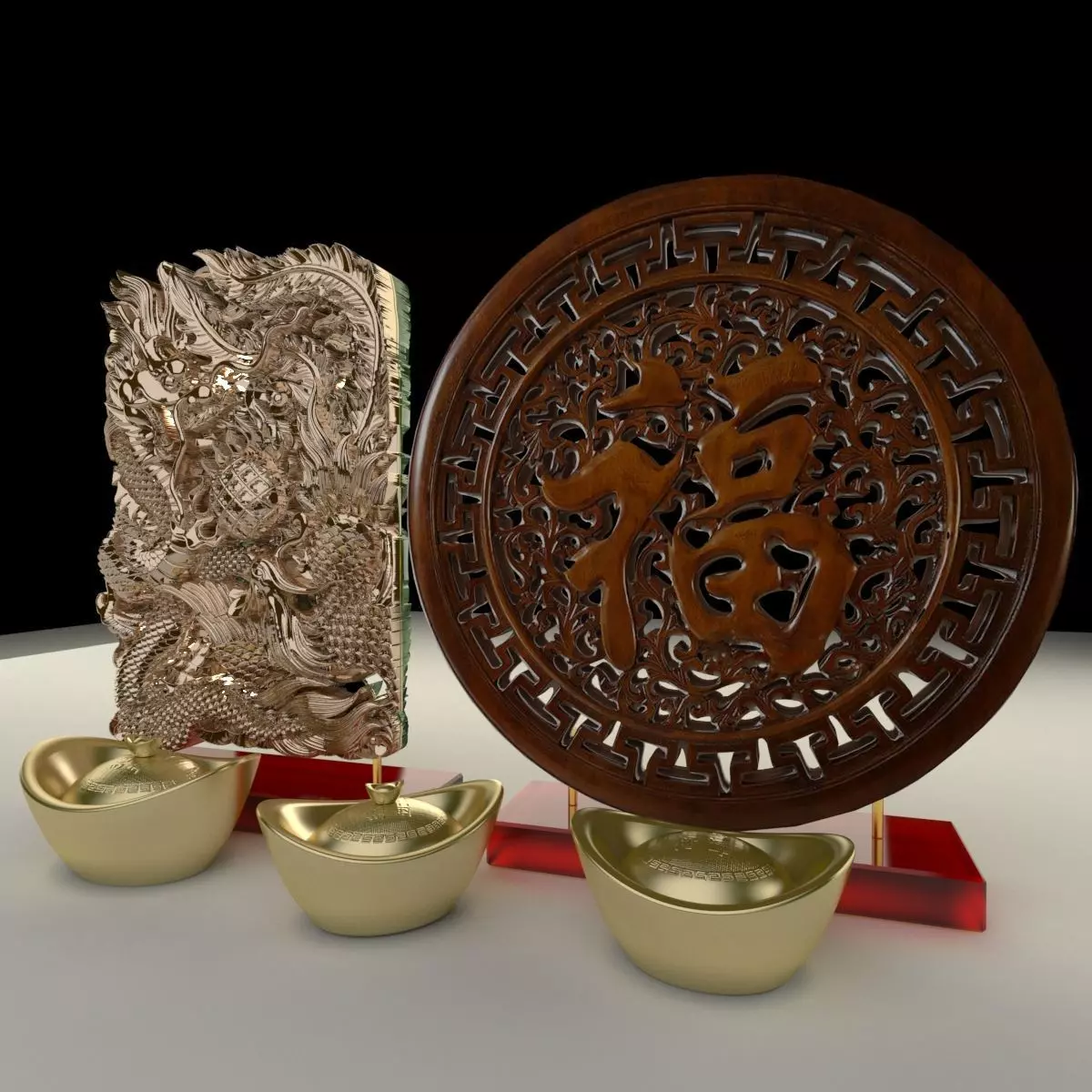 Chinese gold ingot with fu and dragon pattern 3D model_0