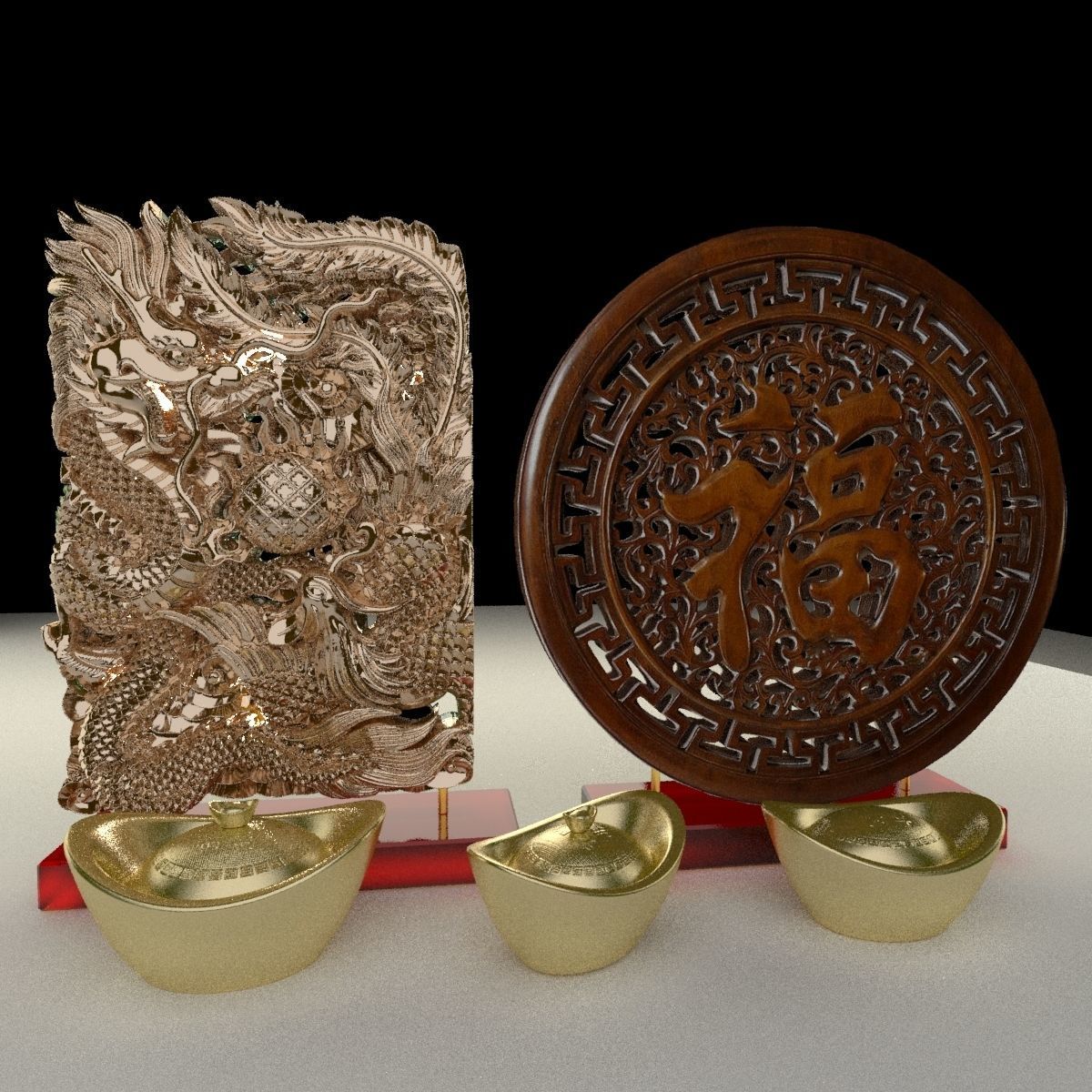 Chinese gold ingot with fu and dragon pattern 3D model_4