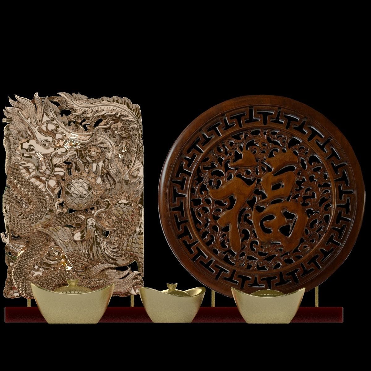 Chinese gold ingot with fu and dragon pattern 3D model_2