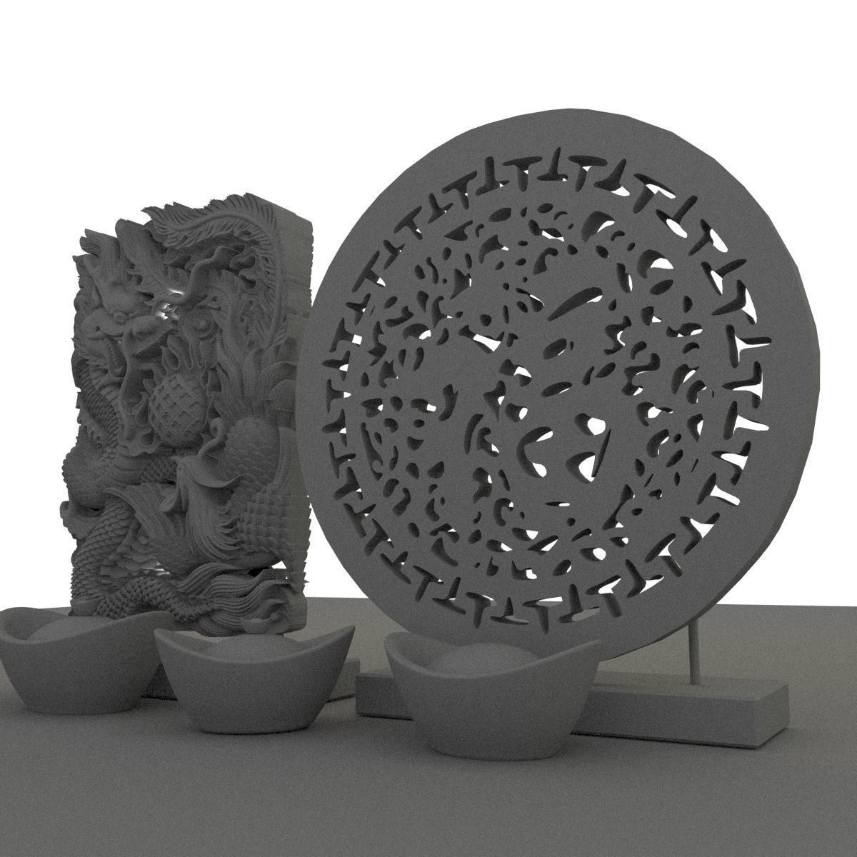 Chinese gold ingot with fu and dragon pattern 3D model_6