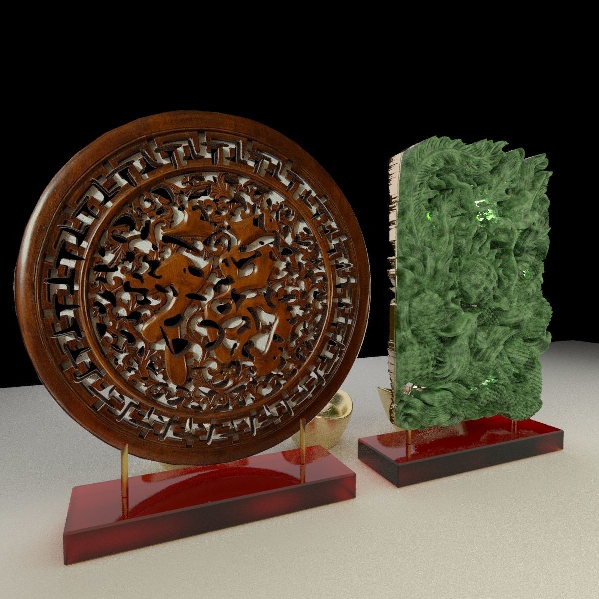 Chinese gold ingot with fu and dragon pattern 3D model_5