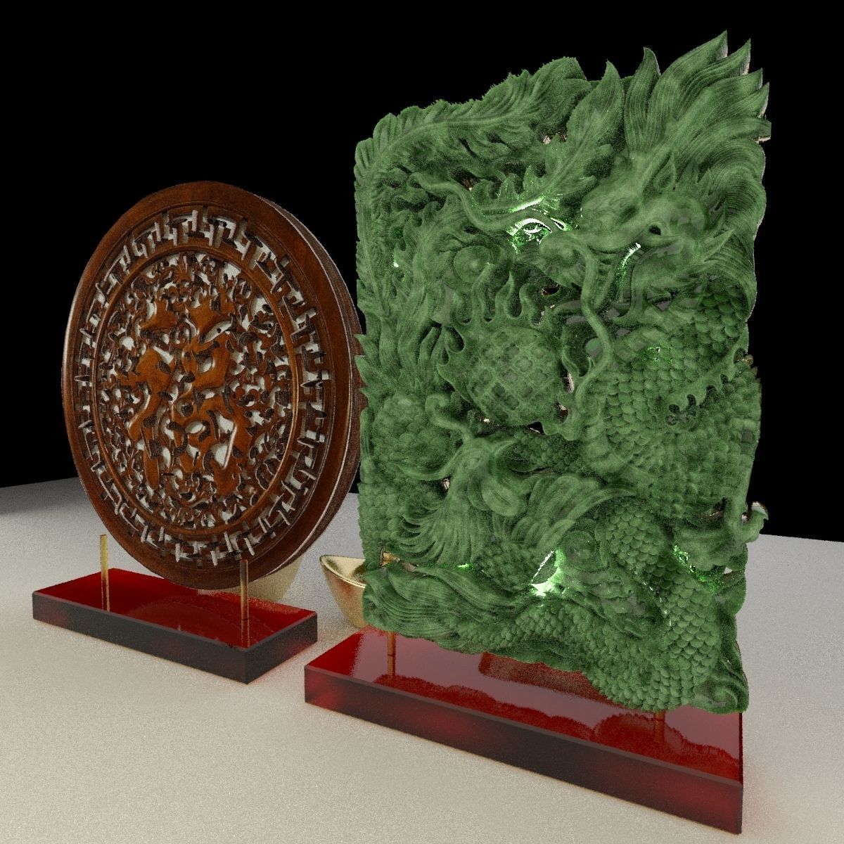 Chinese gold ingot with fu and dragon pattern 3D model_3
