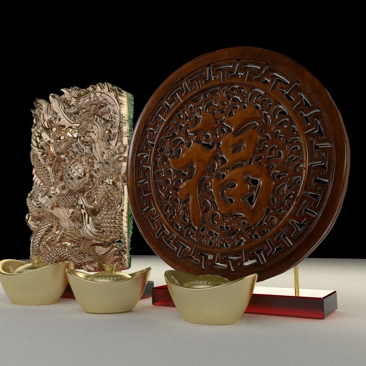 Chinese gold ingot with fu and dragon pattern 3D model_1