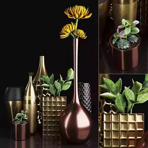 Decorative set gold vase with flower in it 3D model