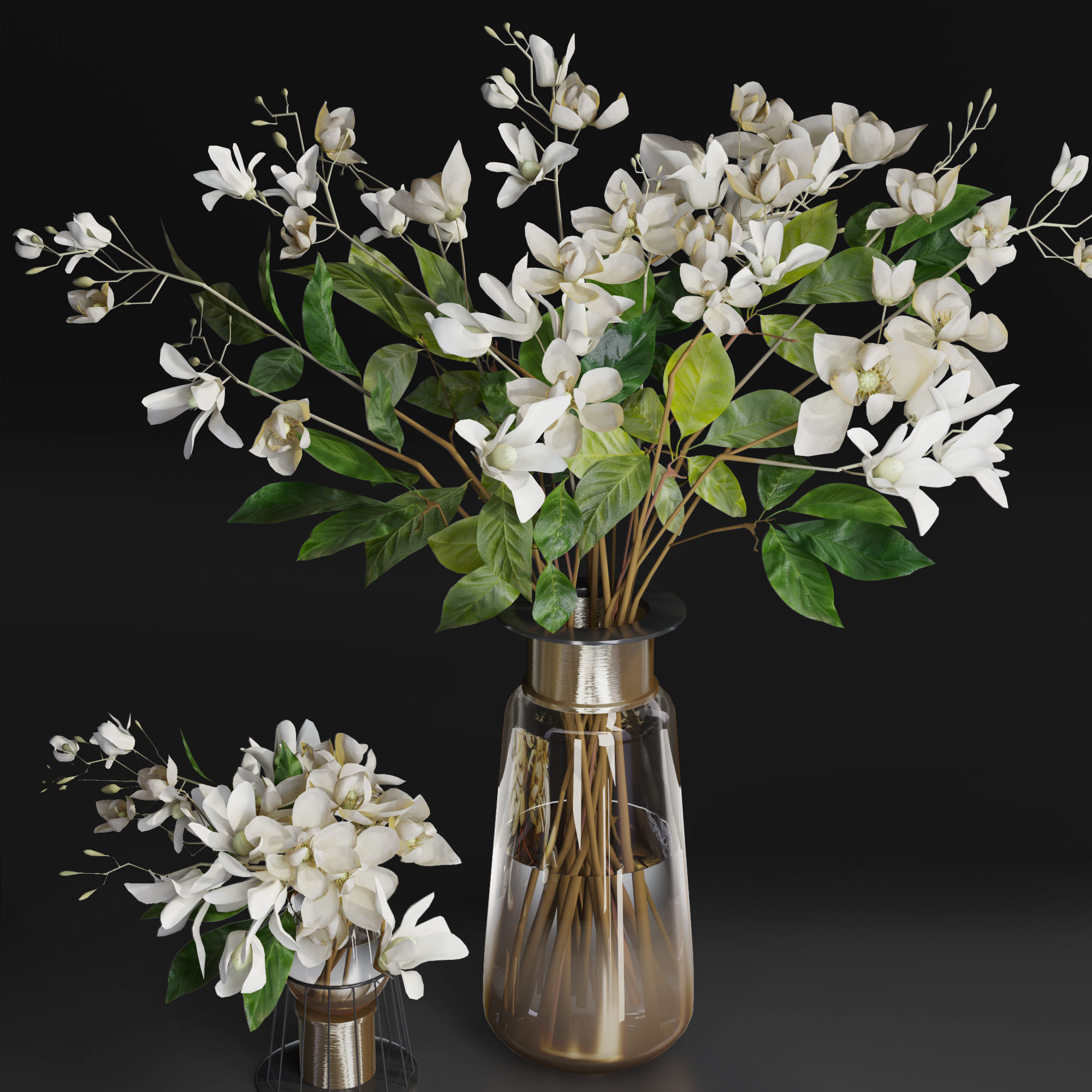 Gardenia Flower Bouquet Vase decor set 3D model_3